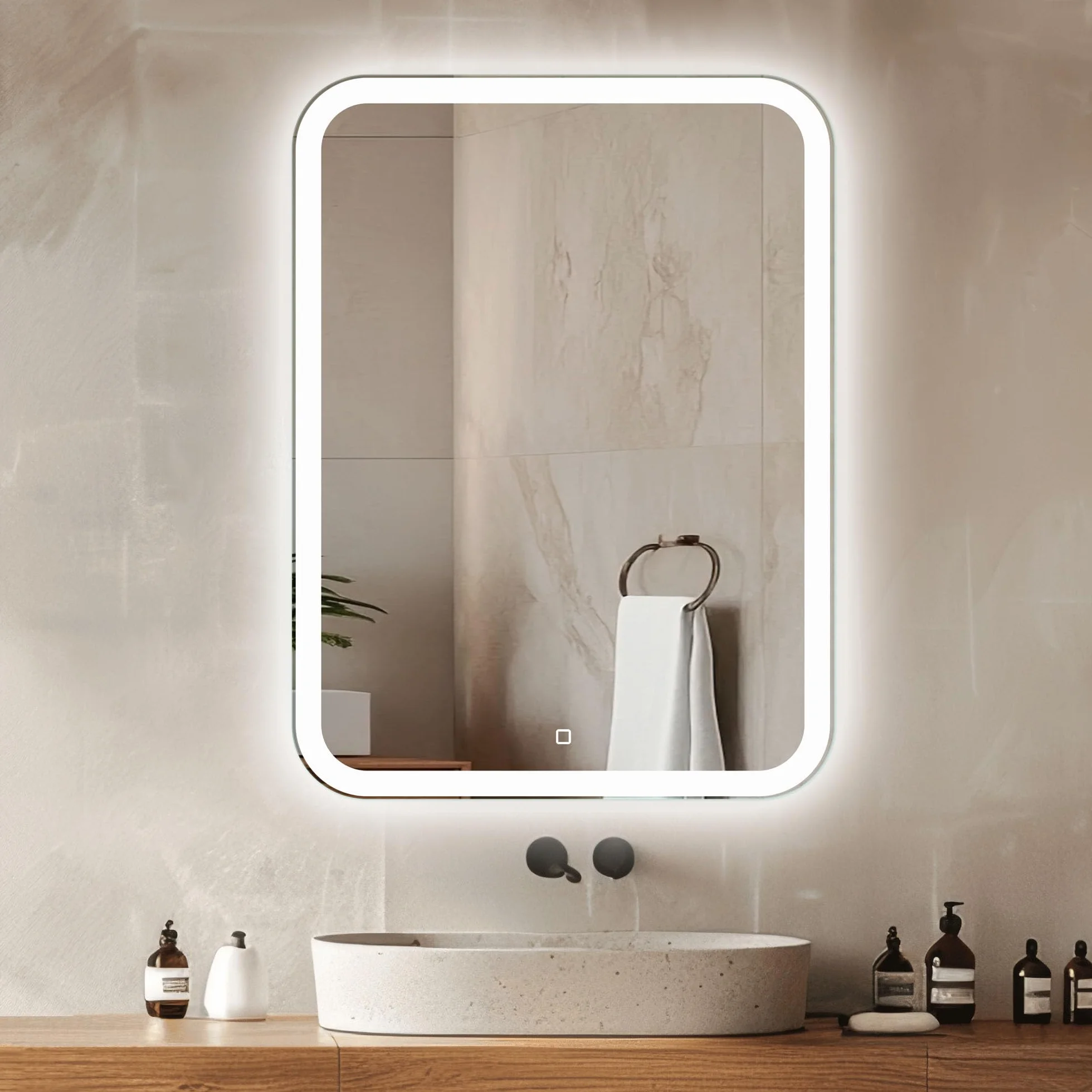 Venti Prostokątne Lustro Łazienkowe LED 60x80cm, Lustro ścienne z oświetleniem LED, Naturalne Białe Światło, Zaokrąglone rogi, Podświetlane z przodu