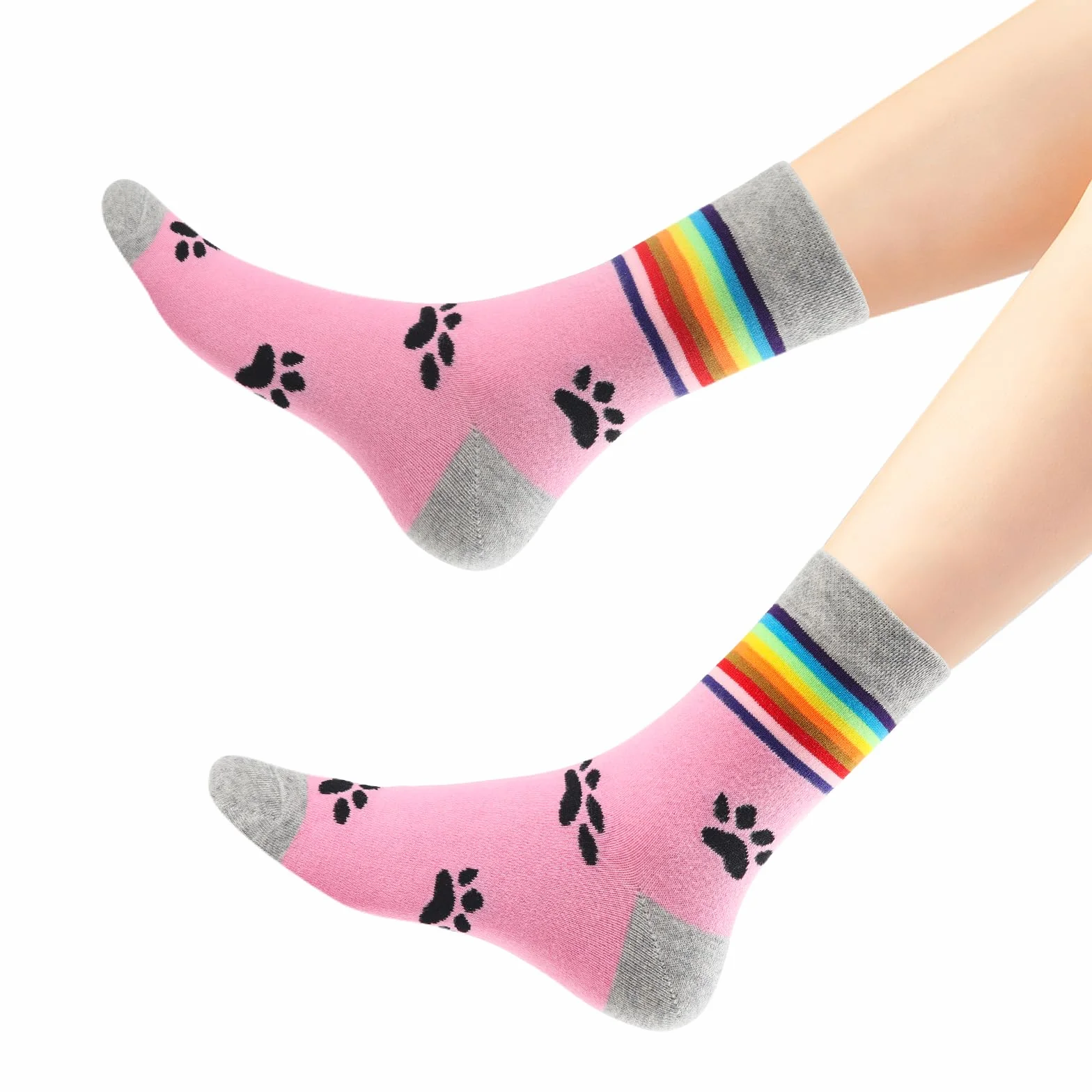 LittleForBig Rainbow Cuff Kitten Paw Bawełniane skarpety Mid Crew Zestaw 2 par - Różowo-Czarna Łapa i Czarno-Biała Łapa