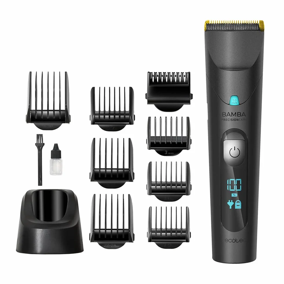 Cecotec Bamba PrecisionCare Wet&Dry. Bateria litowa, Autonomia 120 mins, Ostrza ze stali nierdzewnej z powłoką tytanową, IPX6, tryb przewodowy, w zestawie 8 grzebieni