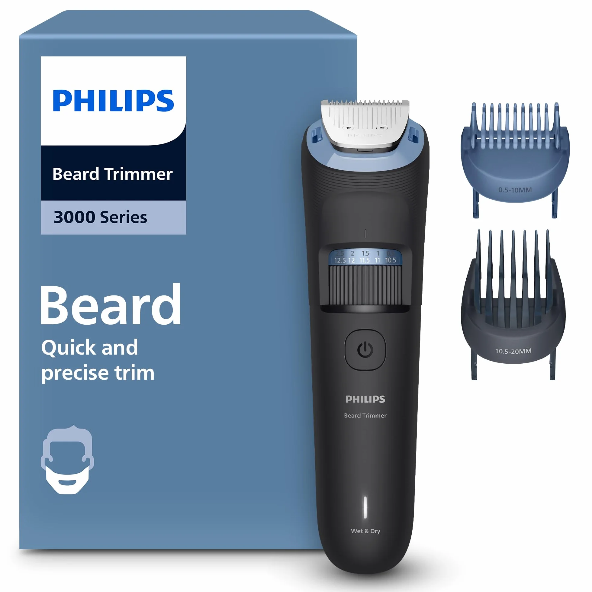 Trymer do brody Philips z serii 3000 – samoostrzące się metalowe ostrza, 40 ustawień, nasadka Lift&Trim, 100% wodoodporności, wskaźnik naładowania baterii, zasilanie przez USB, model BT3660/15