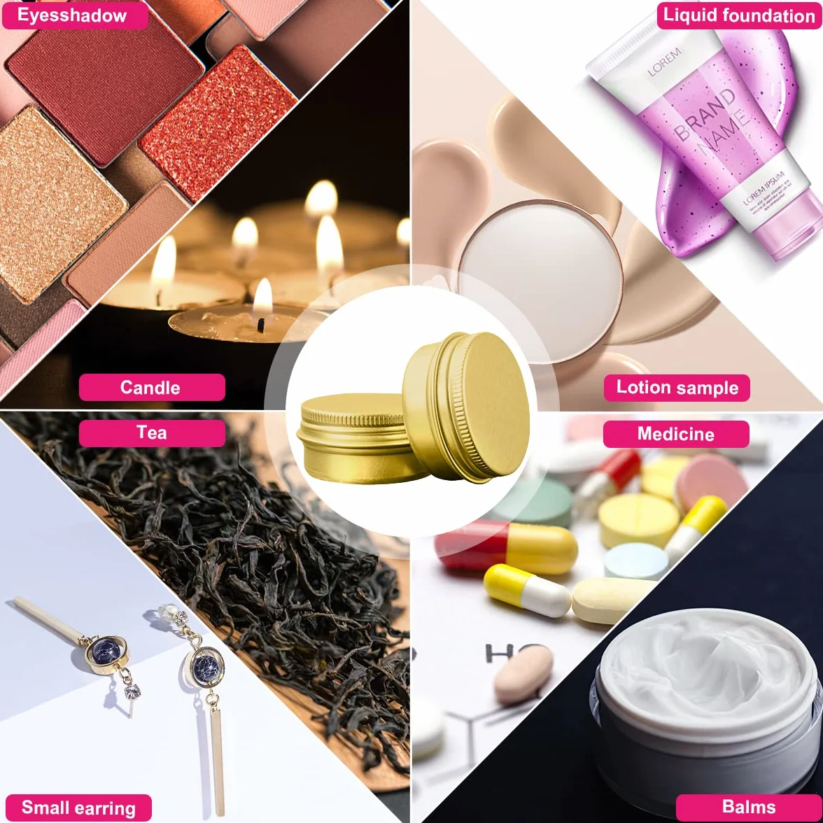 Podróżne pojemniki na kosmetyki, 20 ml, aluminiowe słoiki z nakrętkami, etykietami i mini szpatułką do kremu, próbki, pudru, przechowywania makijażu (złoty)