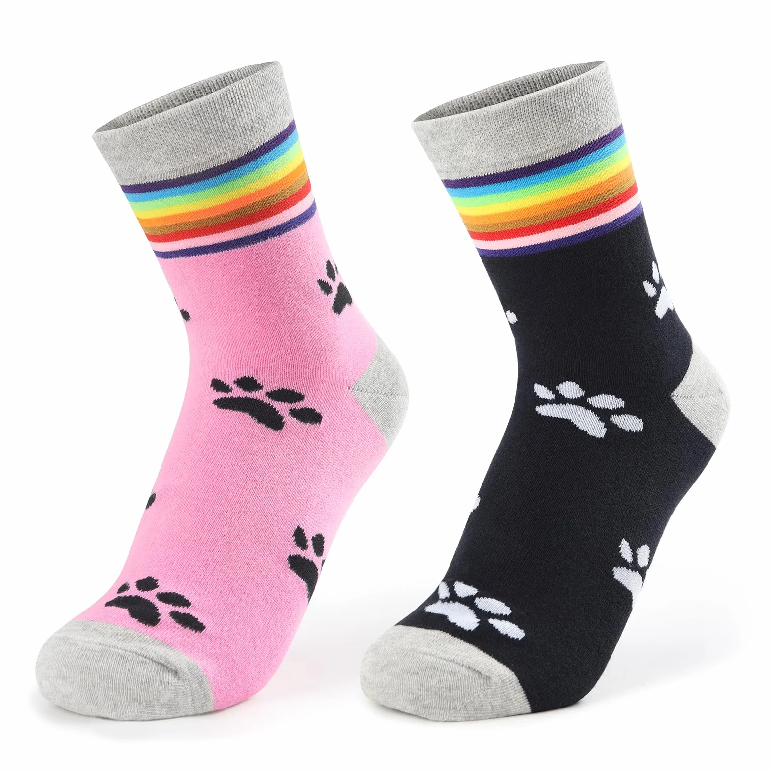 LittleForBig Rainbow Cuff Kitten Paw Bawełniane skarpety Mid Crew Zestaw 2 par - Różowo-Czarna Łapa i Czarno-Biała Łapa