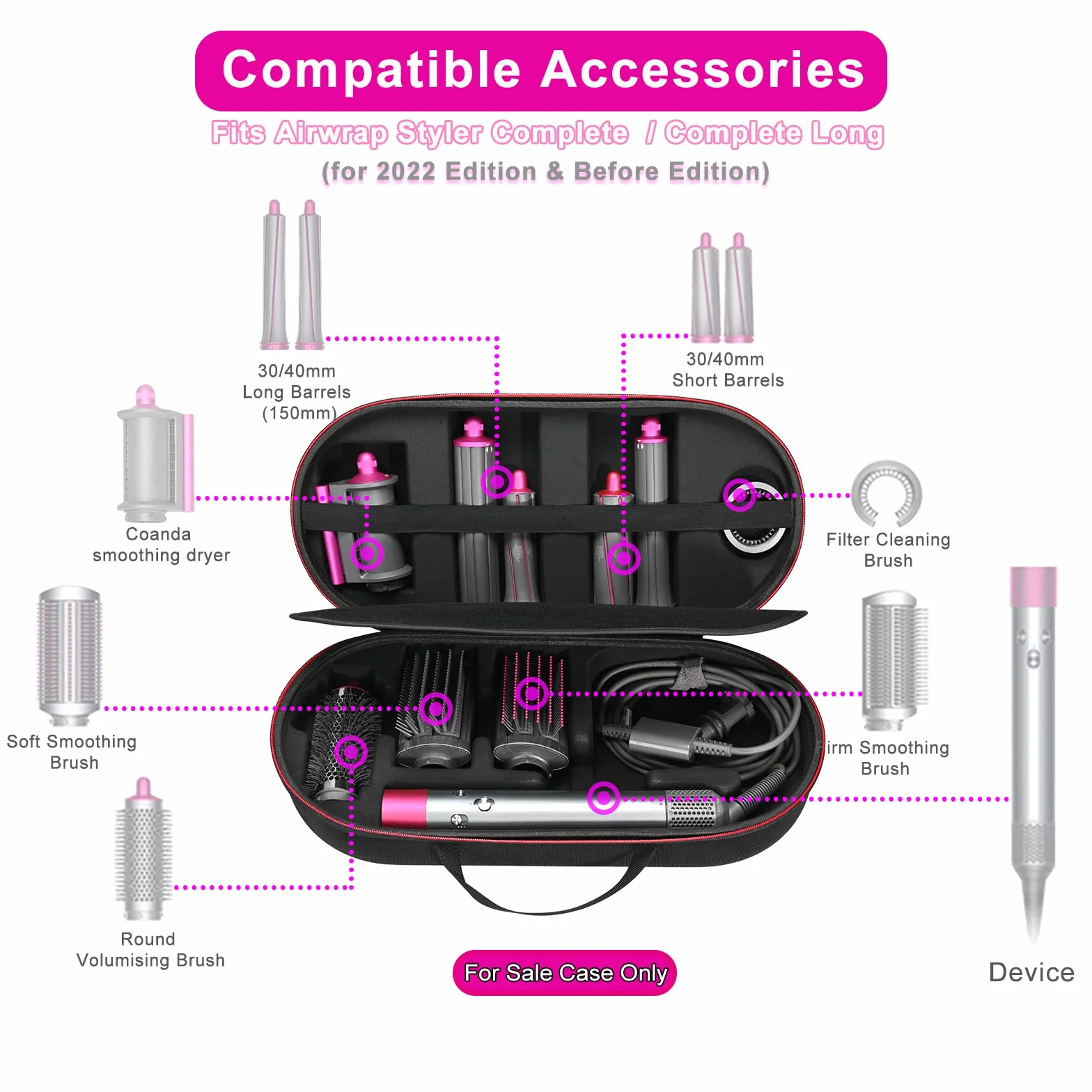 RLSOCO Twarde etui do Dyson Airwrap Complete Long/Complete Styler HS05 HS01 - Pasuje do 4 szt. długich beczek lub krótkich beczek - czarne (tylko etui, stylizator do włosów nie jest dołączony),