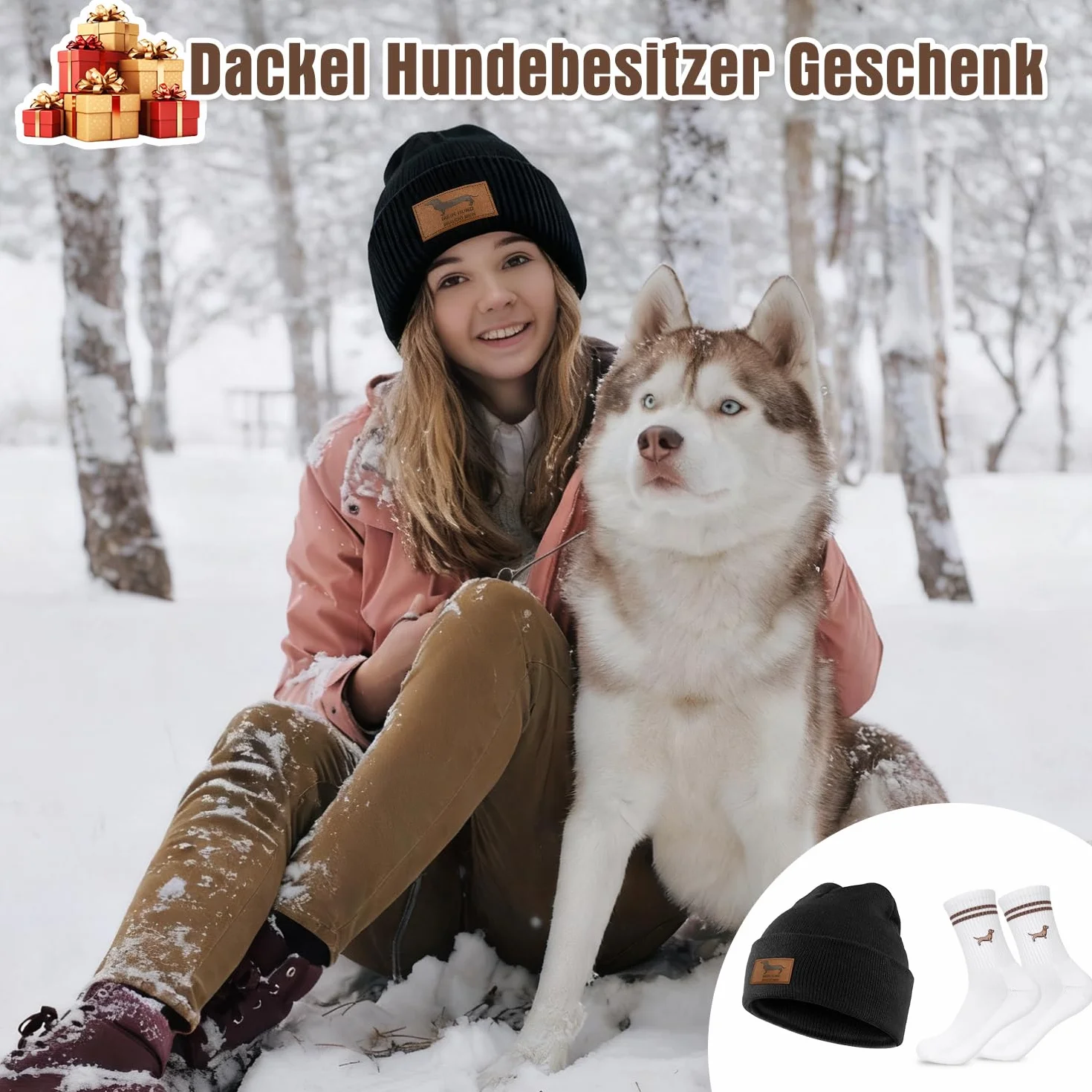 Jamnik zestaw prezentowy ze skarpetkami czapka z dzianiny, prezenty dla właścicieli psów, jamnik czapka z dzianiny beanie, jamnik skarpetki skarpetki tenisowe skarpetki sportowe, prezent dla