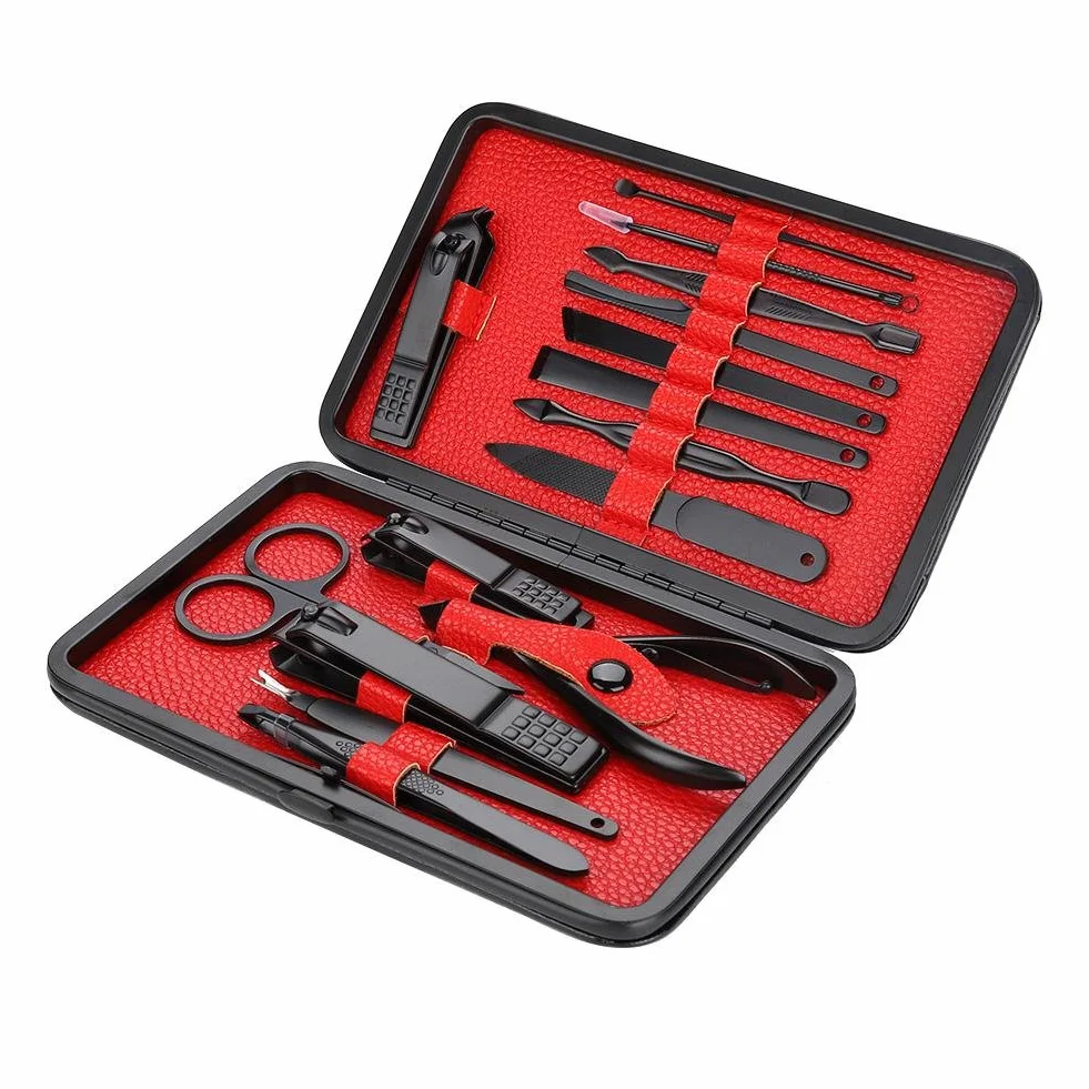 Manicure Pedicure Kit Professional Nail Clippers Set Stainless Steel 15Pcs Black PU Leather Case Red