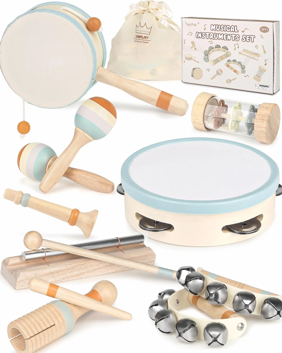 Vanplay Instrumenty muzyczne dla dzieci, zabawka drewniana, zabawka Montessori, bęben dla dzieci, zabawka muzyczna