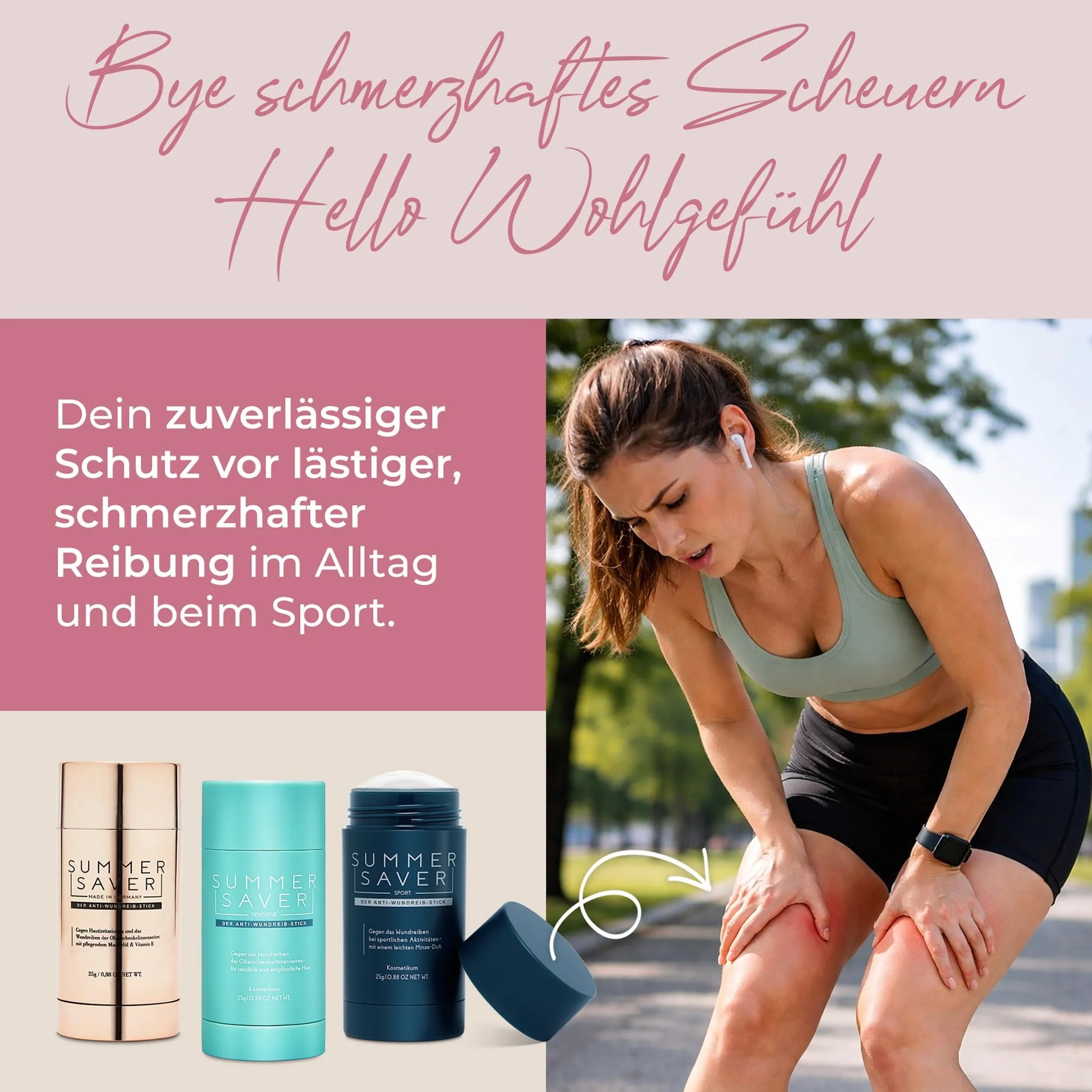 SUMMERSAVER Woman – sztyft przeciw otarciom 25g – do ud, pach i okolic biustonosza – z olejem kokosowym i migdałowym, witaminą E, alantoiną – produkt wegański, przetestowany dermatologicznie