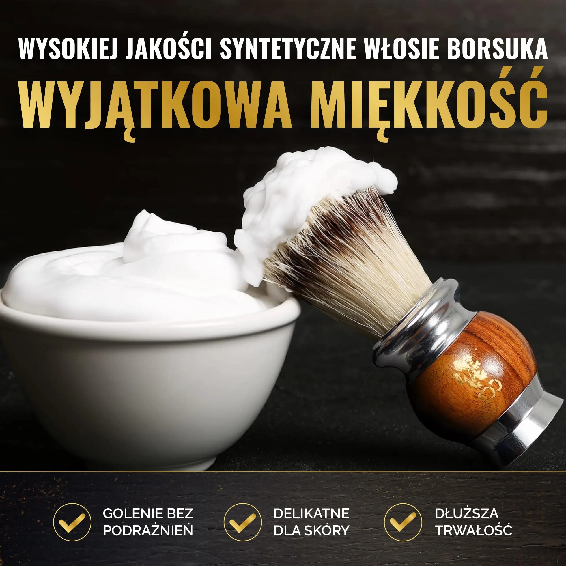 Luksusowy pędzel do golenia The Cambridge Cutthroat® z drewna Missanda i stali nierdzewnej dla mężczyzn, syntetycznym włosiem Silvertip, przyjaznym weganom, imitującym włosie borsuka