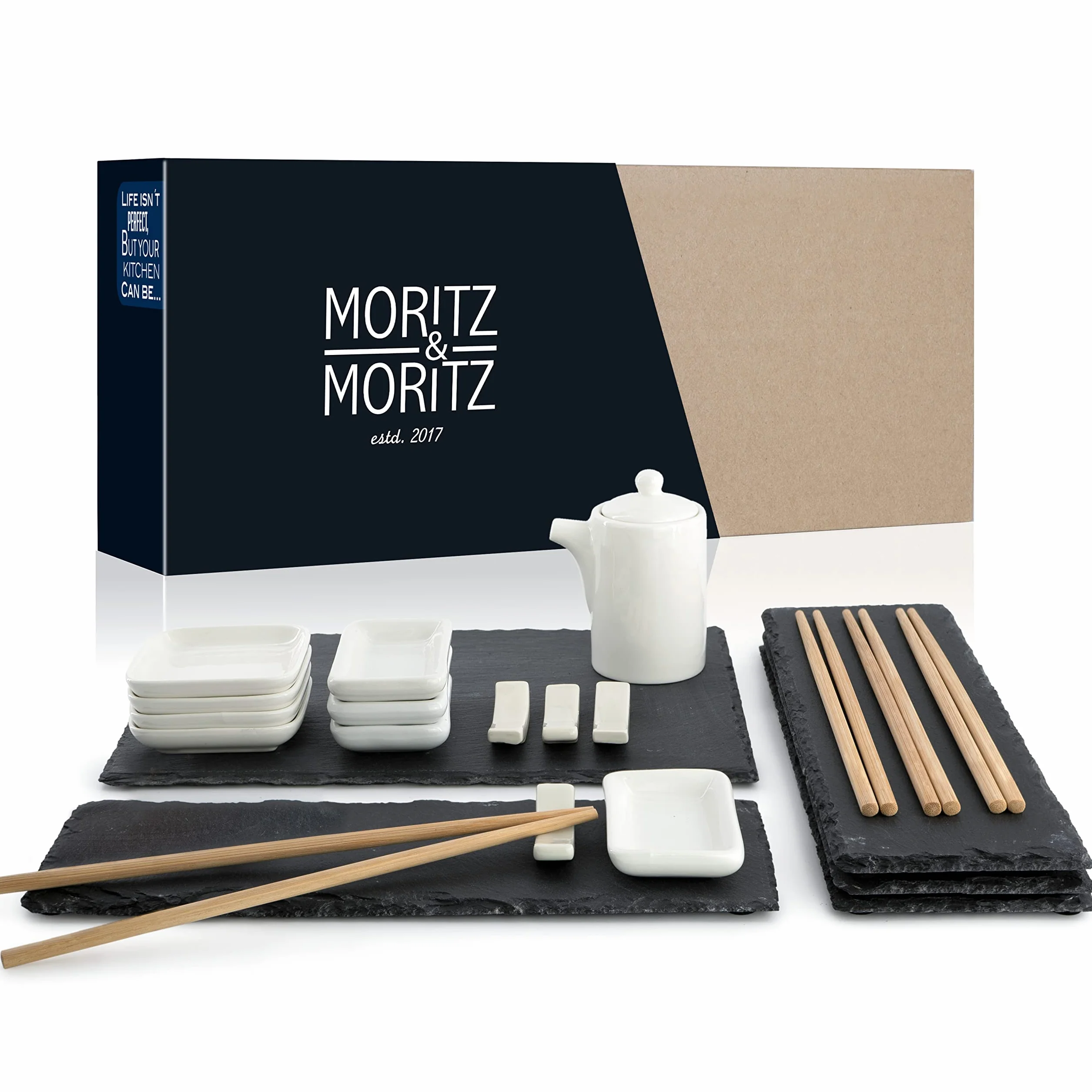 Moritz & Moritz. 22-częściowy zestaw do serwowania sushi dla 4 osób – 4 talerze do sushi, 1 talerz do serwowania, 4 miseczki do sosów, 8 pałeczek.