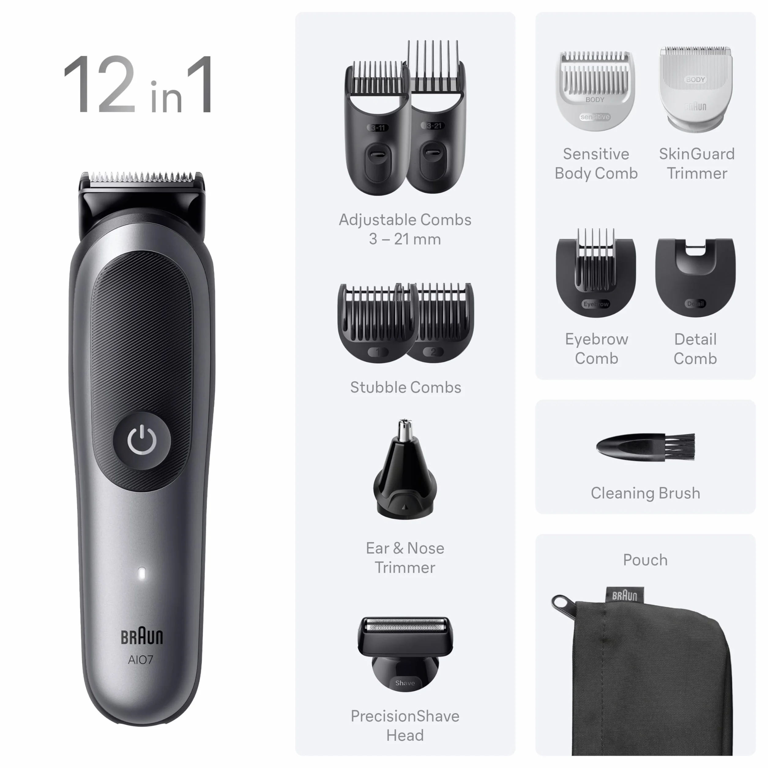 Braun Series 7 All-in-One 12w1 zestaw groomingowy, ProBlade, trymer do nosa, AutoSense, golarka elektryczna, trymer do brody, maszynka do włosów, akumulator 120 min