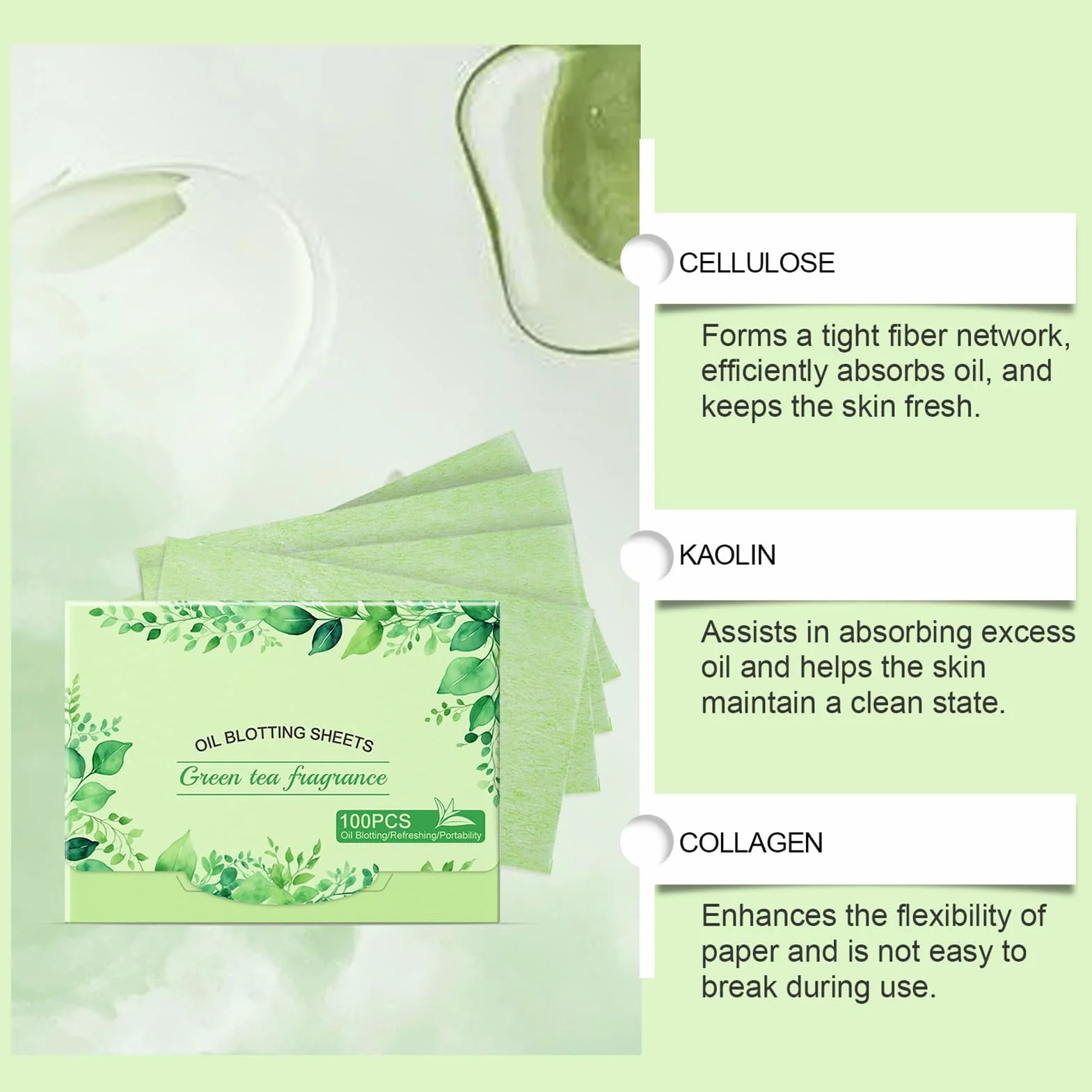 Oil Blotting Sheets, Face Absorbing Paper, Shine Makeup Friendly Pads, Gentle Non-Sticky Texture, 100 Count Wipes, Ideal for Freshening, Oily Skin Control, Green