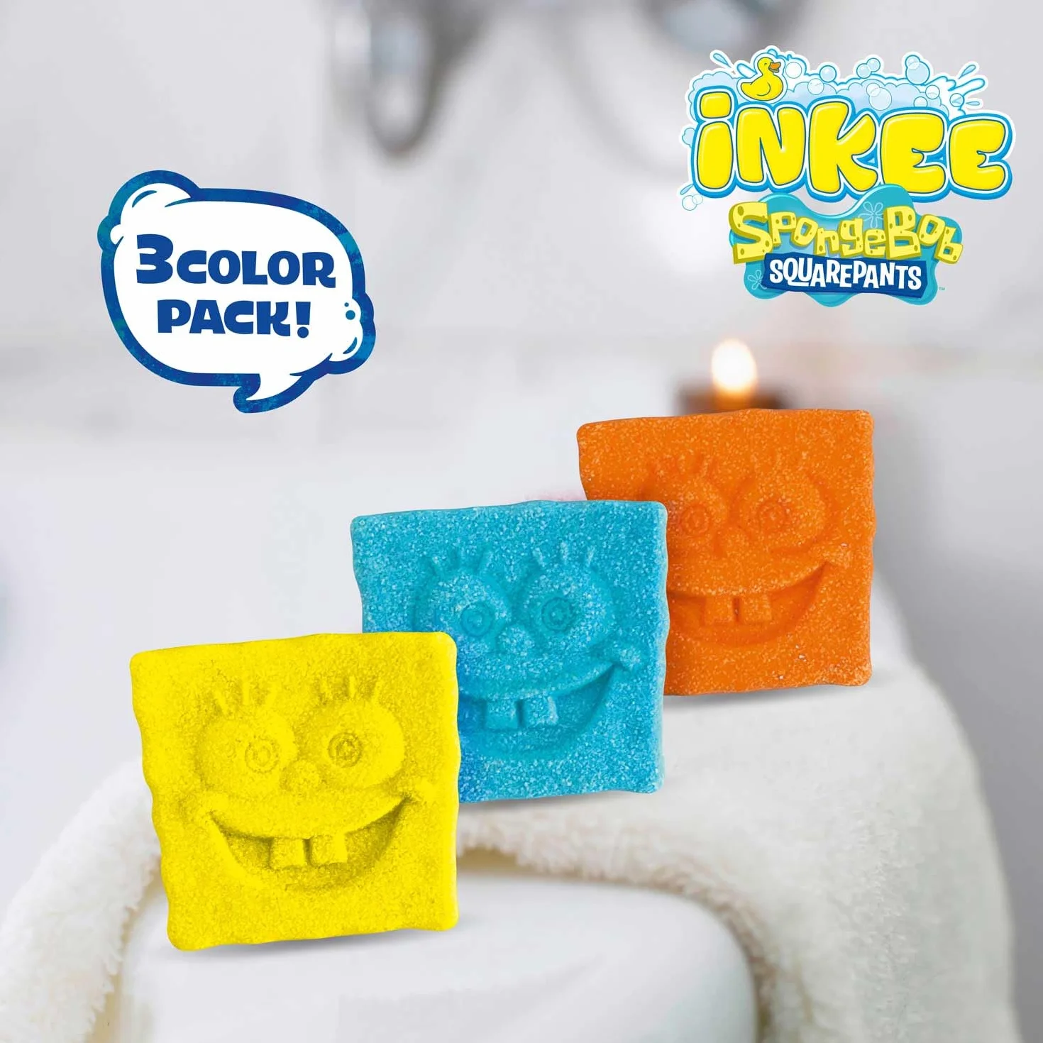 INKEE Mini Pack SpongeBob, Zestaw 3 Pompy Do Kąpieli Dla Dzieci Z Kształtami Jego Postacie SpongeBob I Aromat Popcorn, Bezpieczna Zabawa