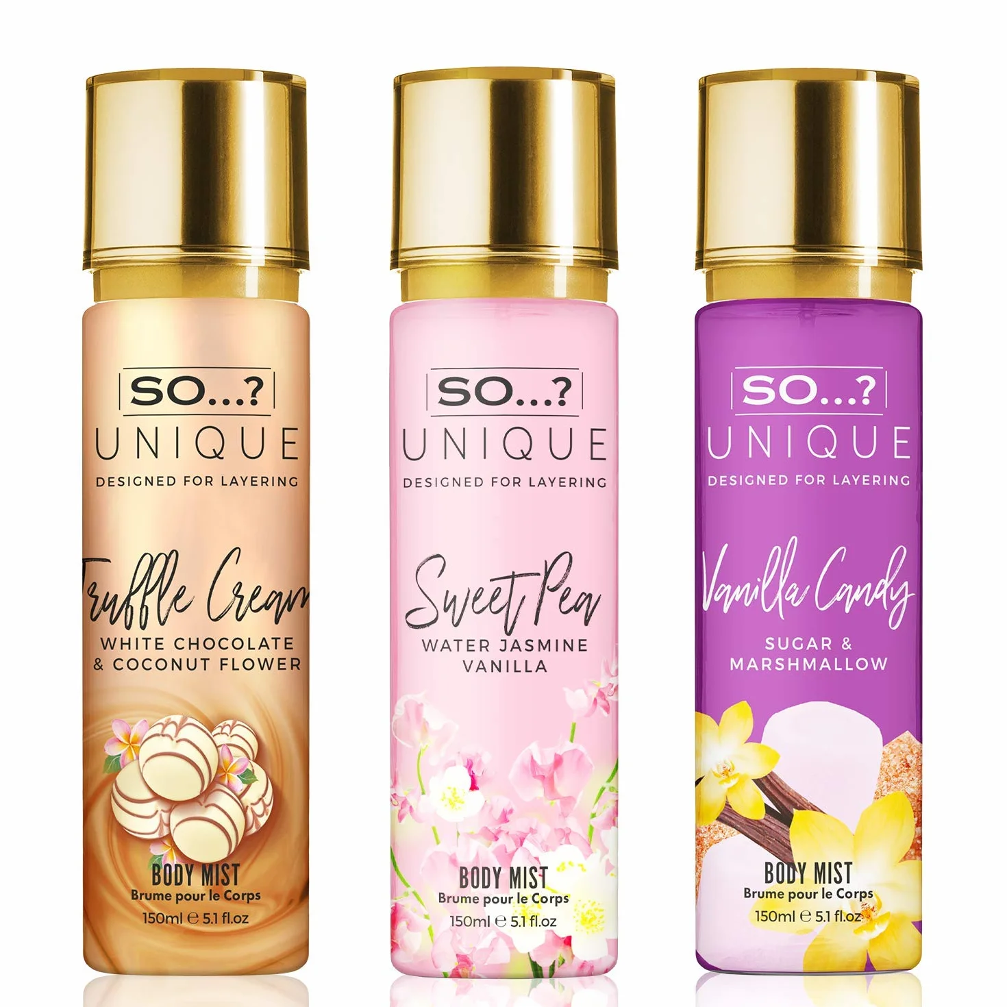 So... ?. Unique damski zestaw zapachowy Candy Kiss, Truffle Cream, Sweet Pea, Vanilla Candy spray do ciała, mieszany zestaw zapachowy, 150 ml (3 sztuki)