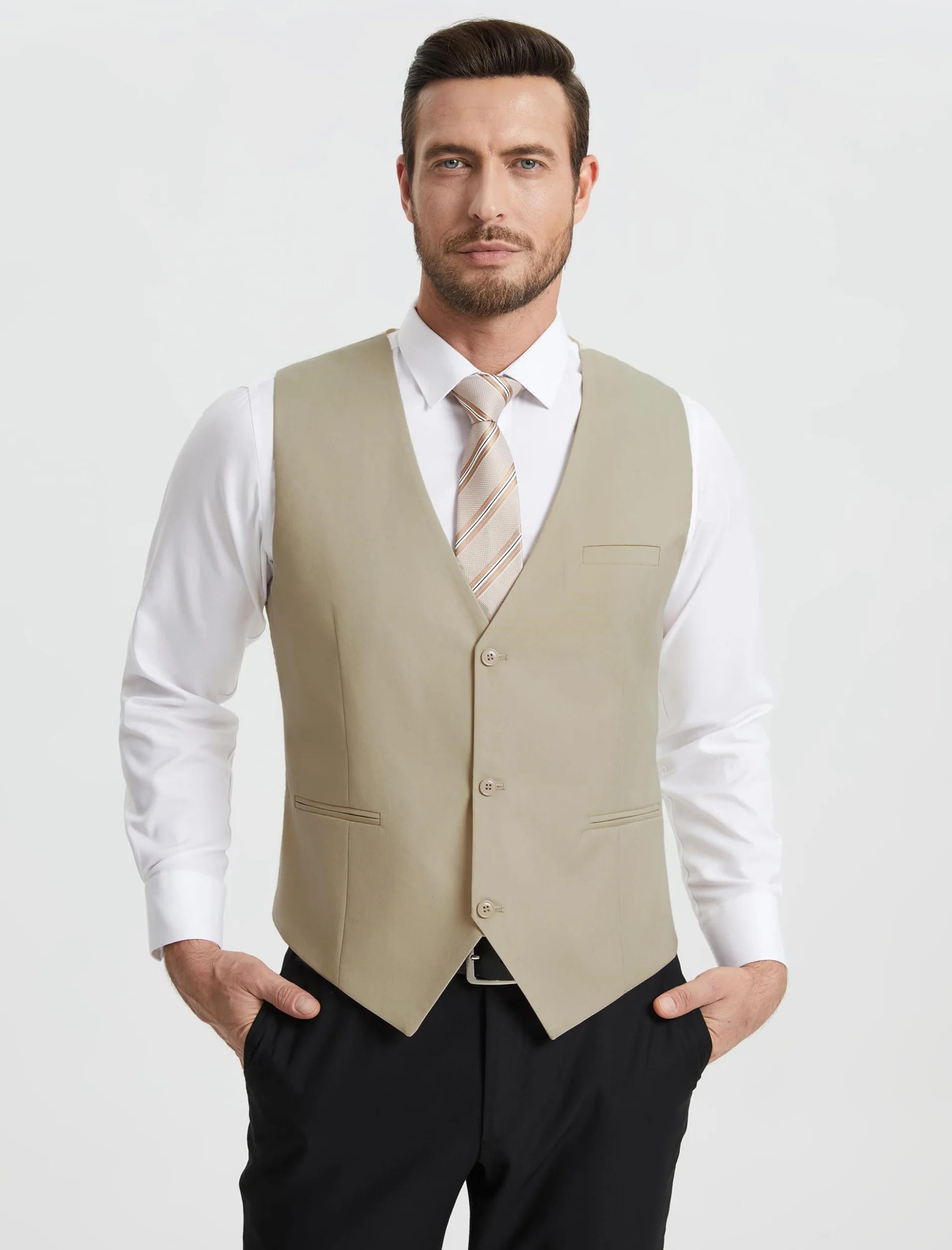 HISDERN Kamizelka garniturowa męska, elegancka kamizelka ślubna, regularny krój, klasyczna, formalna kamizelka garniturowa, jednokolorowa, dla pana młodego, smokingowa, kamizelka dla mężczyzn, z 3