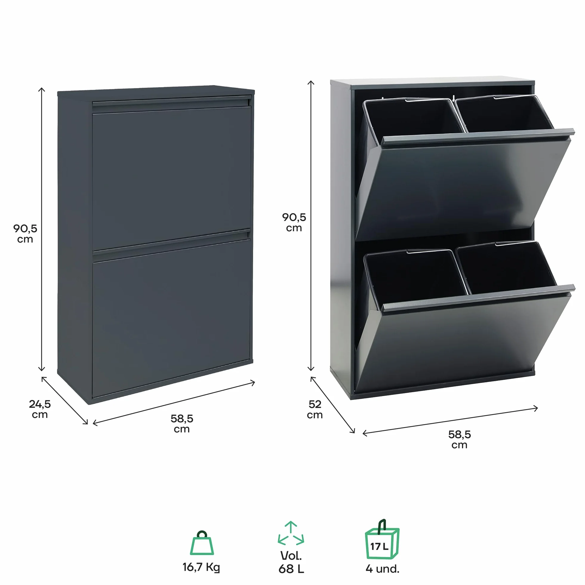 Arregui Basic CR604-B Recykling kosz na śmieci ze stali, system segregacji śmieci z 4 wyjmowanymi wewnętrznymi pojemnikami z tworzywa sztucznego z uchwytem, 4 x 17 l (68 l), antracyt/ciemnoszary