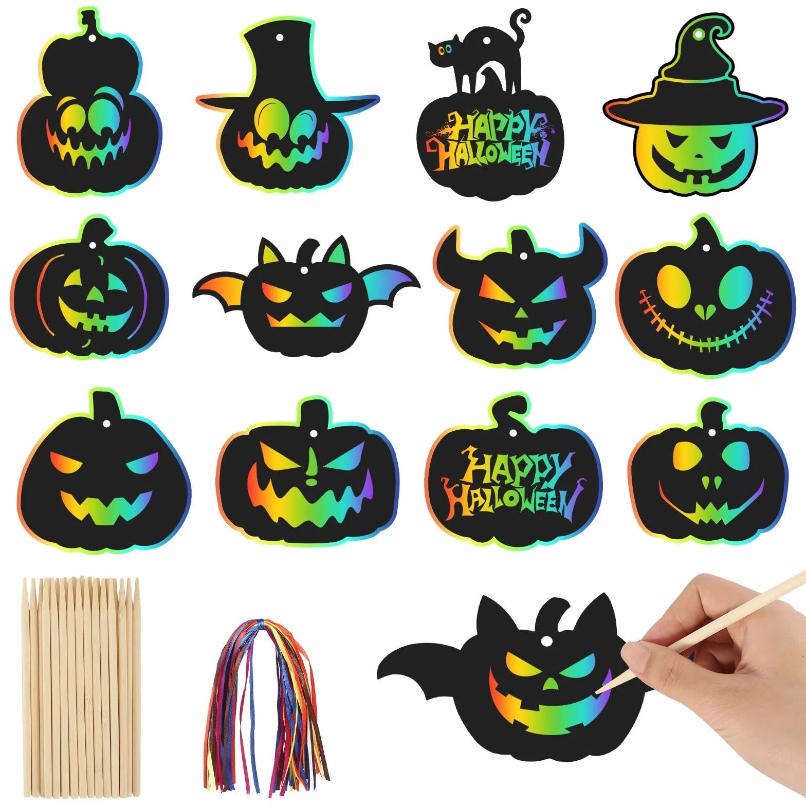 Halloween obrazki do zdrapywania dla dzieci, 48 sztuk, papier do zdrapywania, zestaw do majsterkowania, tęczowy papier z 48 taśmami i 24 pisakami do zdrapywania, zestaw do majsterkowania dla dzieci