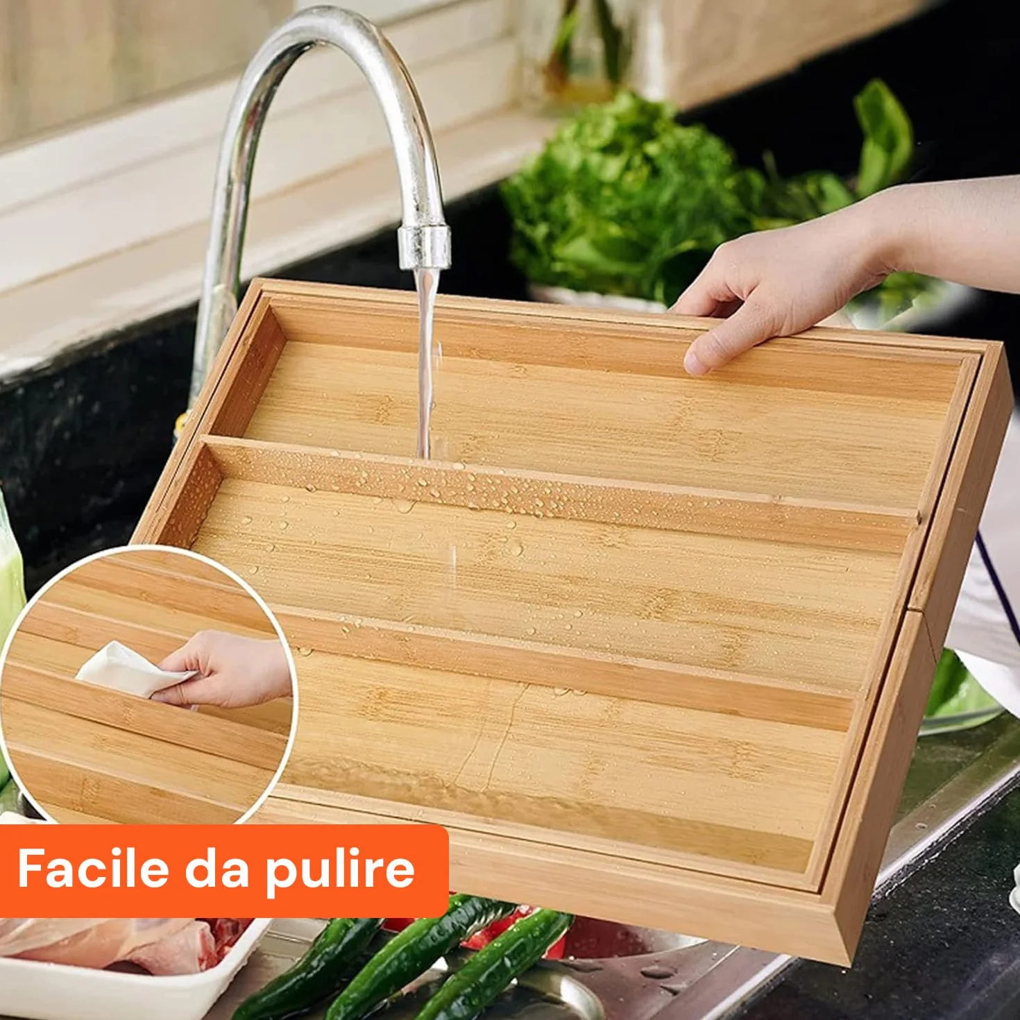 Avilia Pojemnik na sztućce z 5 wysuwanymi bambusowymi przegródkami - organizer do szuflad kuchennych, regulowane przegrody do szuflad od 33 cm do 55 cm, oszczędzający miejsce organizer do szuflad, 43