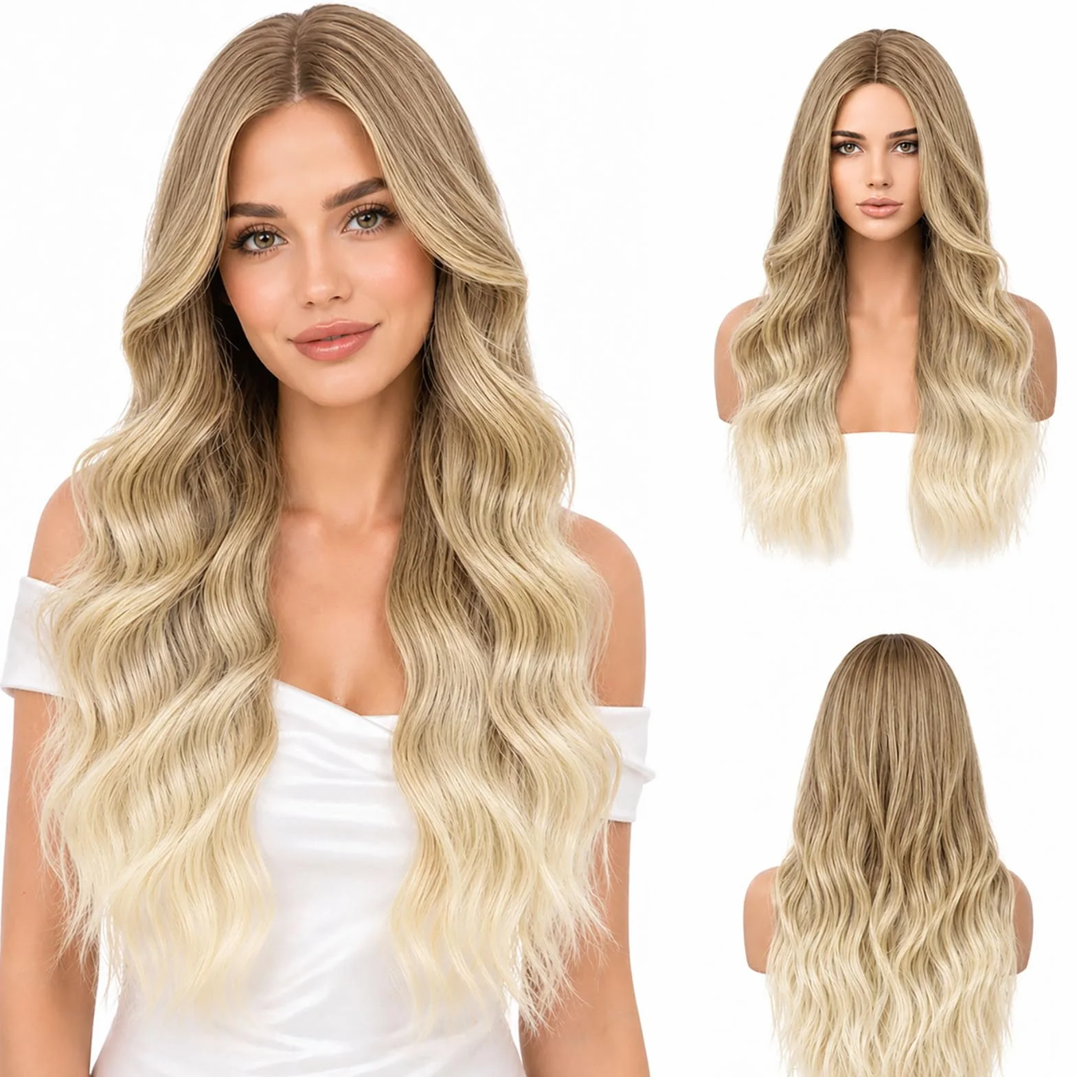 Peruka ombre brązowa do blond długa falowana 27 cali odporna na wysokie temperatury
