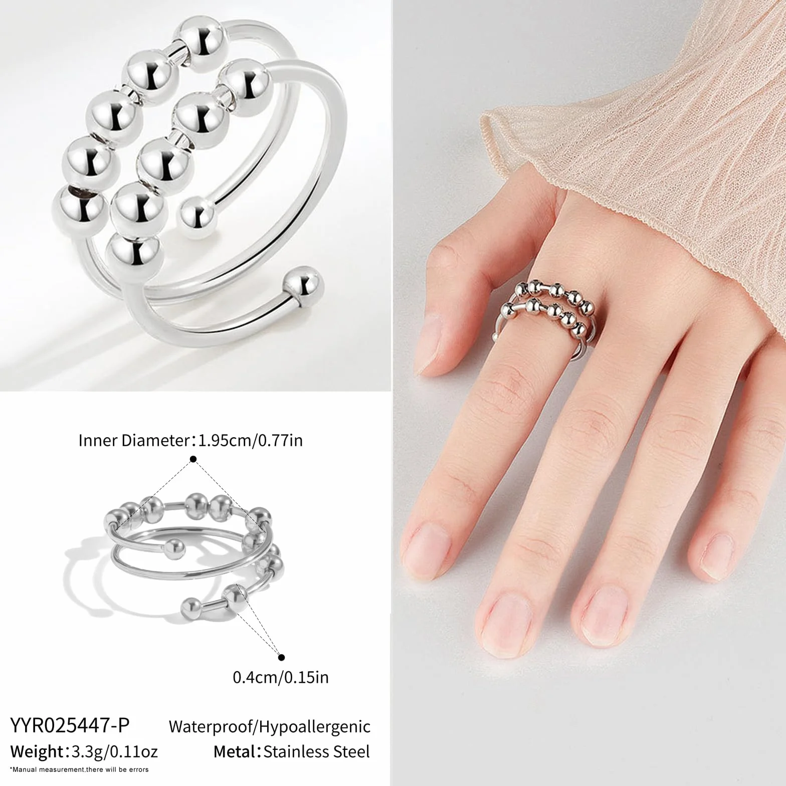 9 pierścionków antystresowych dla kobiet, pierścionki z koralikami, regulowane otwarte pierścienie, regulowane, otwarte pierścienie Fidget Ring, układane w stosy pierścionki antystresowe, dla