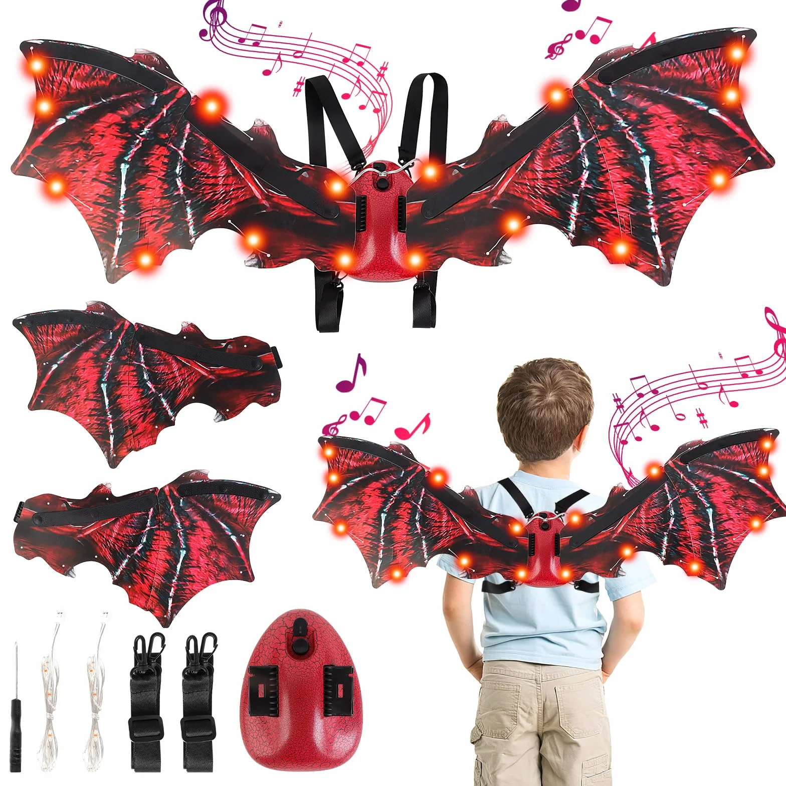 deAO Elektryczne skrzydła dinozaura, świecące skrzydła, smocze skrzydła z dźwiękiem, zabawka dinozaura dla chłopców, Halloween, cosplay, fantazyjne przebranie, kostiumy dla dzieci i dorosłych, Boże