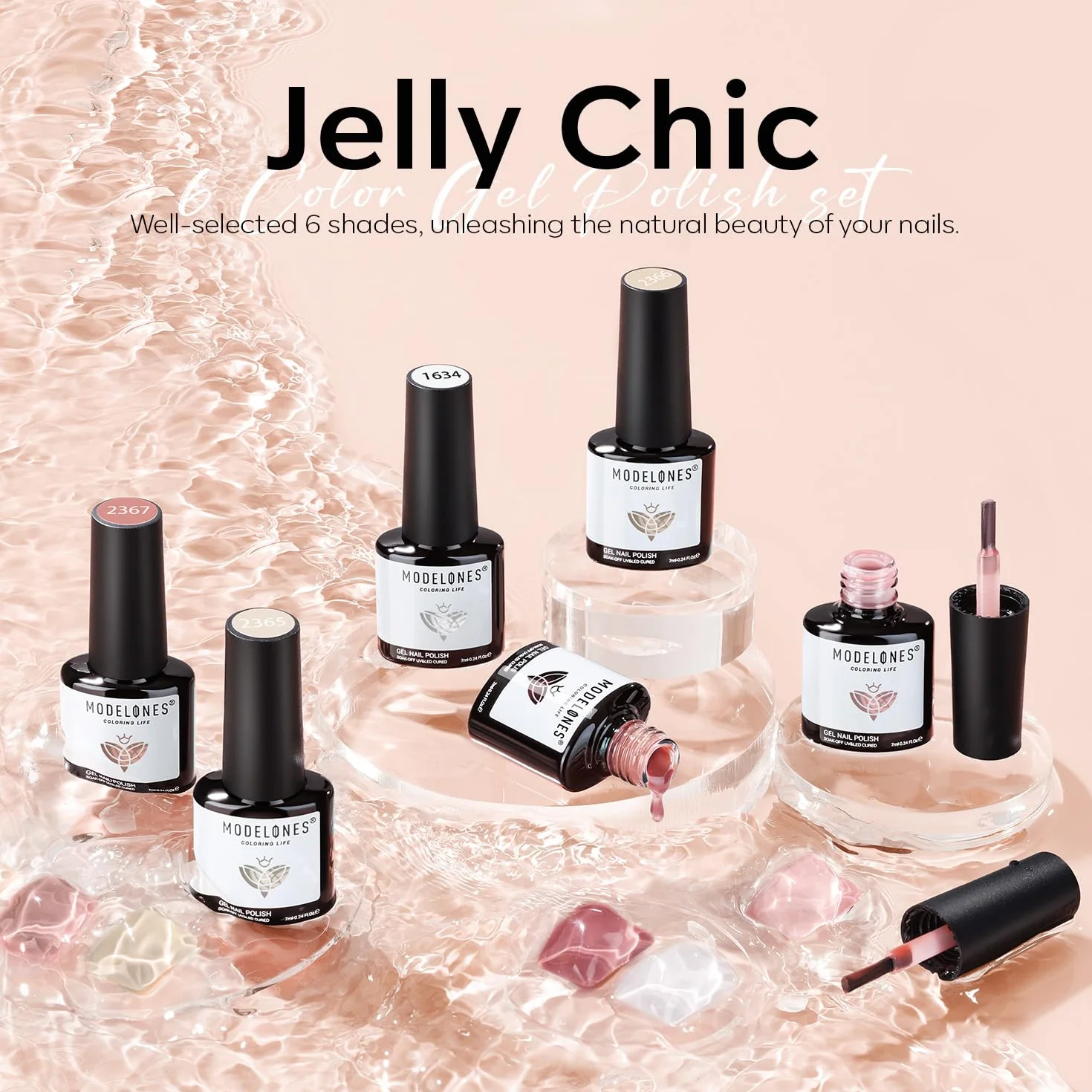 Modelones Zestaw żelowych lakierów do paznokci, 6 kolorów, przezroczysty, różowy, nude-biały, do Starter Nail Art Salon DIY Home, 7 ml
