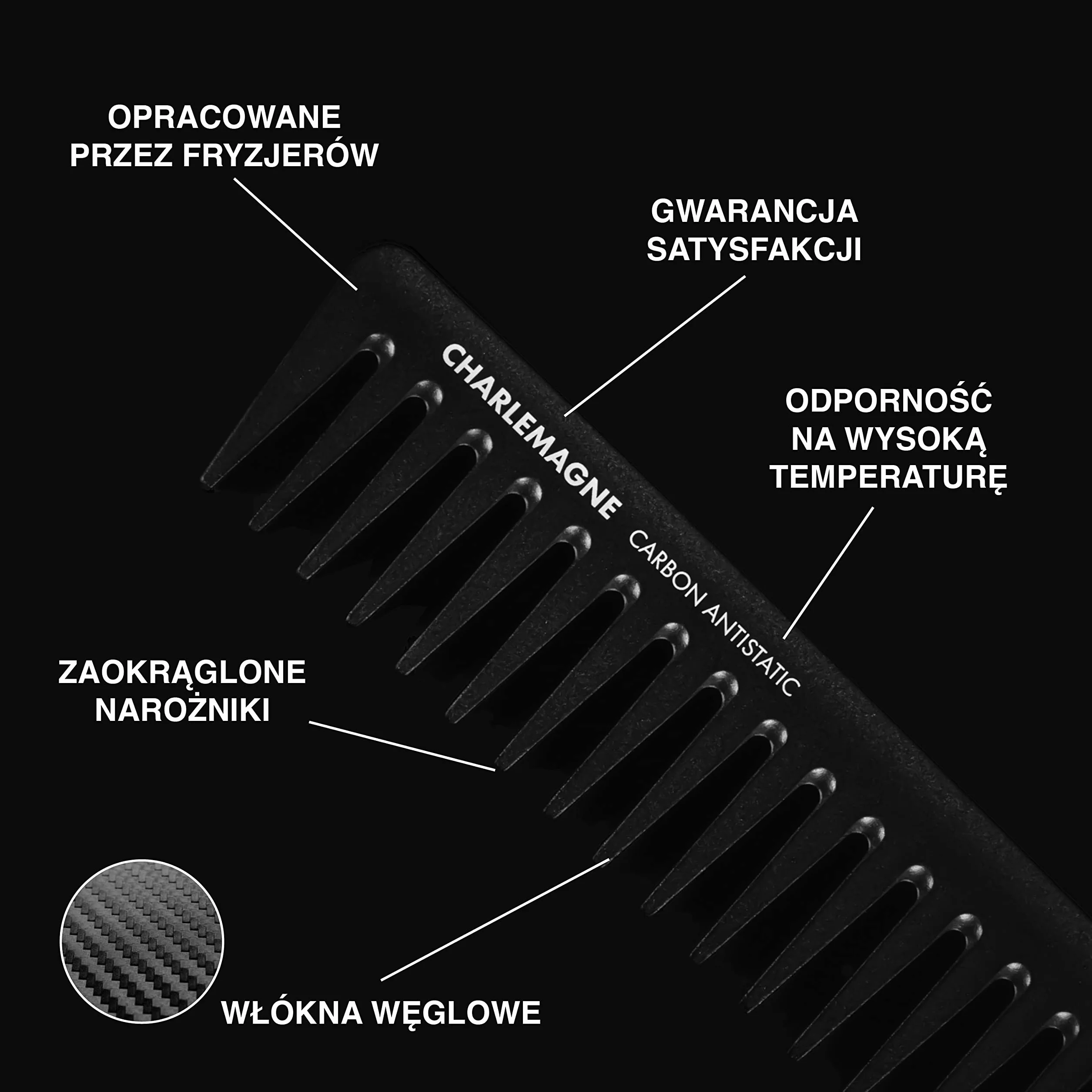Charlemagne Grzebień męski do stylizacji włosów z włókna węglowego 19 cm antystatyczny