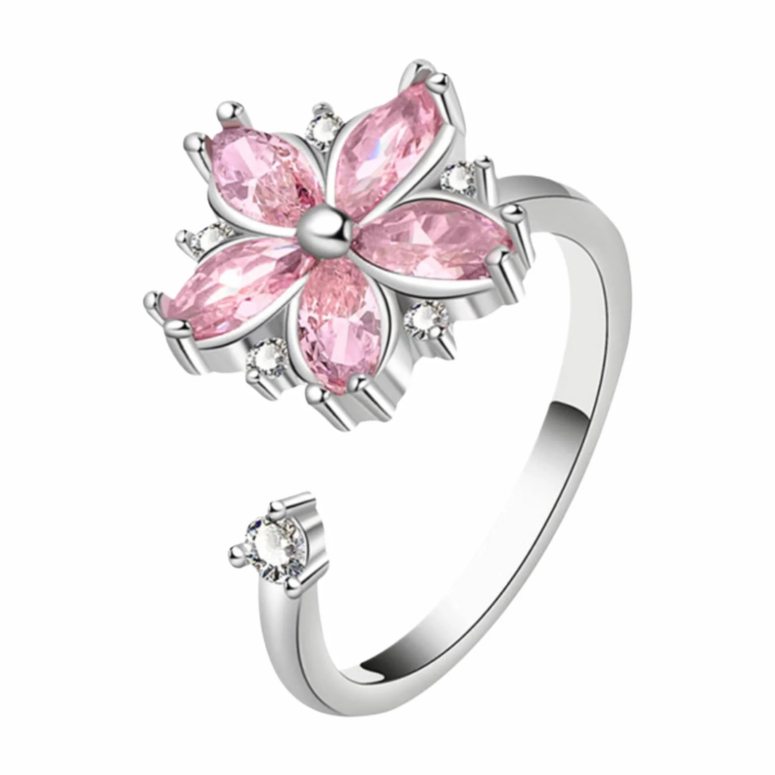 Spinner Ring, Fidget Ringer Finger, Adjustable Floral Design Distress Reliever Aid, Stress Rings Bands for Women, Workplace, Airplane, Meditation Focus, Color Silver with Pink