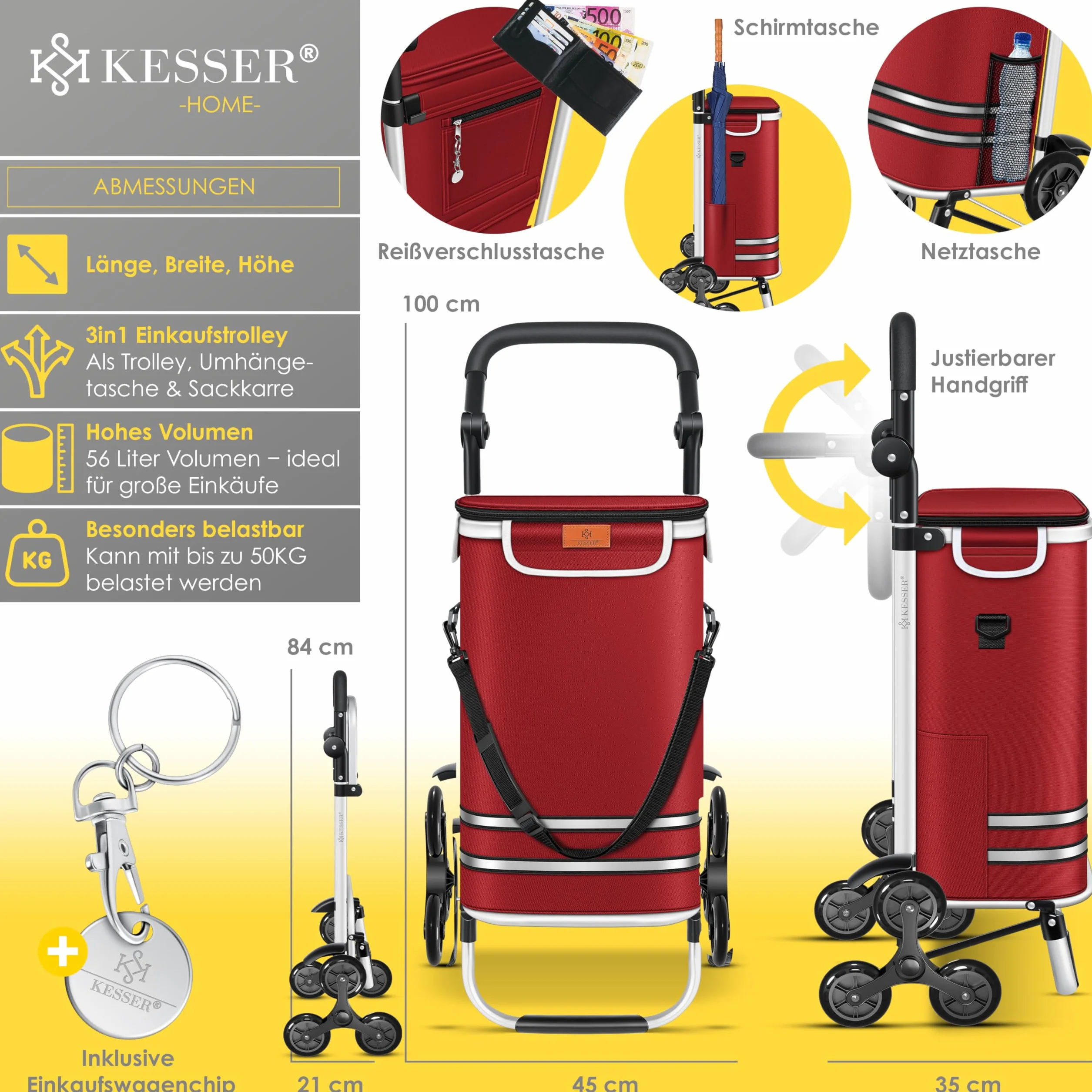 Kesser® Wózek zakupowy, składany, 56 l pojemności, obciążenie do 50 kg, wózek transportowy 3 w 1, wózek na zakupy, w zestawie komora chłodząca i żeton na zakupy, do pokonywania schodów, bordowy
