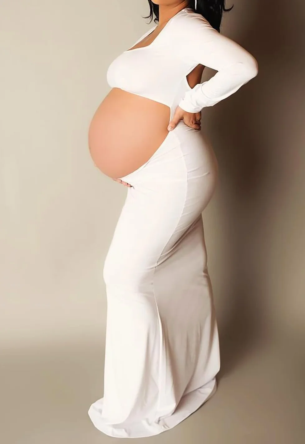 Damska sukienka ciążowa z długim rękawem, rozciągliwa, z mikrofibry, na baby shower, sesja zdjęciowa