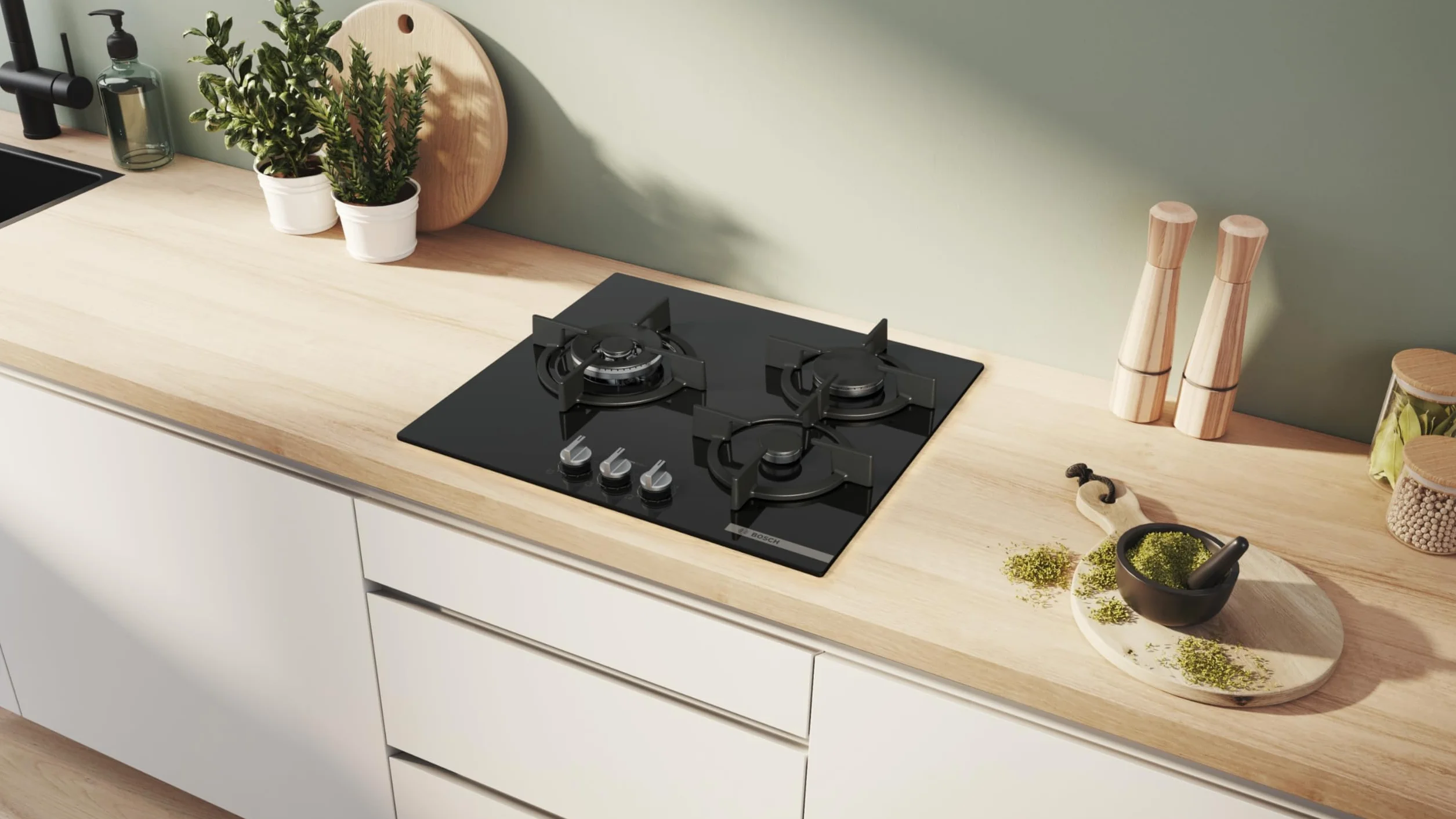 Bosch - Płyta gazowa, seria 6, 3 strefy gotowania, FlameSelect, GasStop, czarny, PPC6A6I10