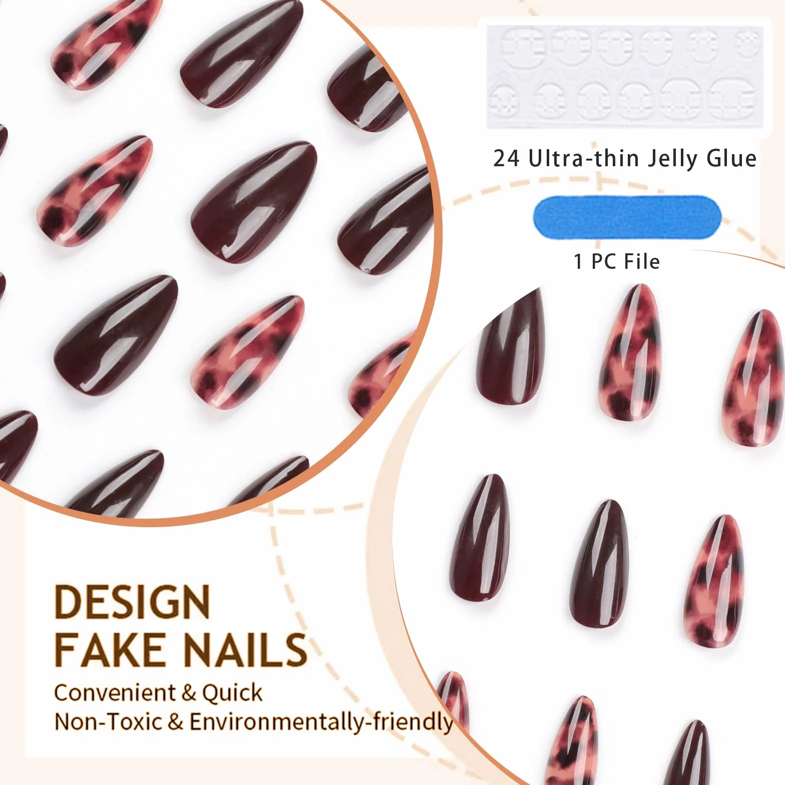 GlamRays 24 sztuki Brown Press on Nails Leo średni mandaryński sztuczne paznokcie nadruk lampart paznokcie jesień klejone paznokcie akrylowe Stiletto sztuczne paznokcie
