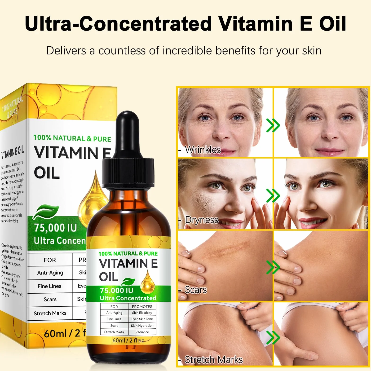 Czysty olejek z witaminą E do skóry i włosów 100% naturalny 75 000 IU 2 Fl Oz nawilża naprawia chroni nietłusty tłoczony na zimno