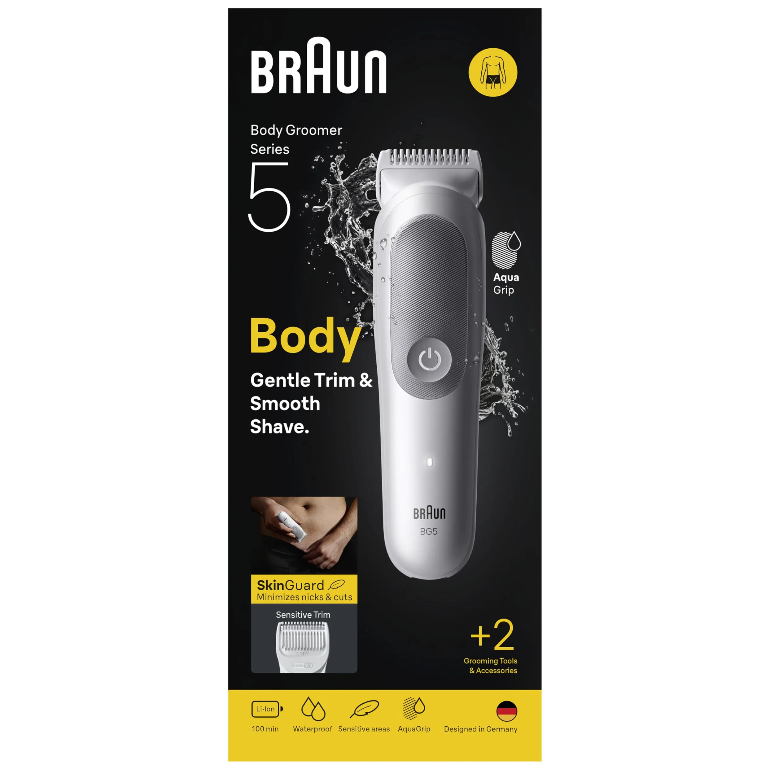Braun Bodygroomer Series 5, + 2 akcesoria, przycinanie i golenie wrażliwych miejsc, czas pracy baterii 100 min, z dodatkową ochroną skóry, wodoszczelny, BG5500, szary