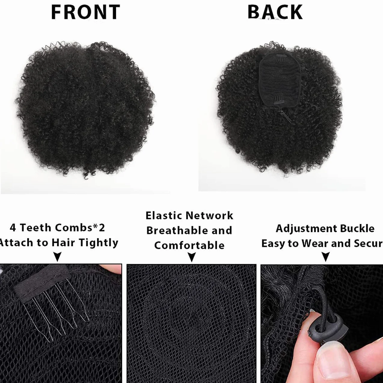 Syntetyczny kucyk typu Afro Puff, kręcony, z ściągaczem i dwoma klipsami, krótkie włosy typu kinky curly, doczepiany kok dla czarnoskórych kobiet, kolor 1B