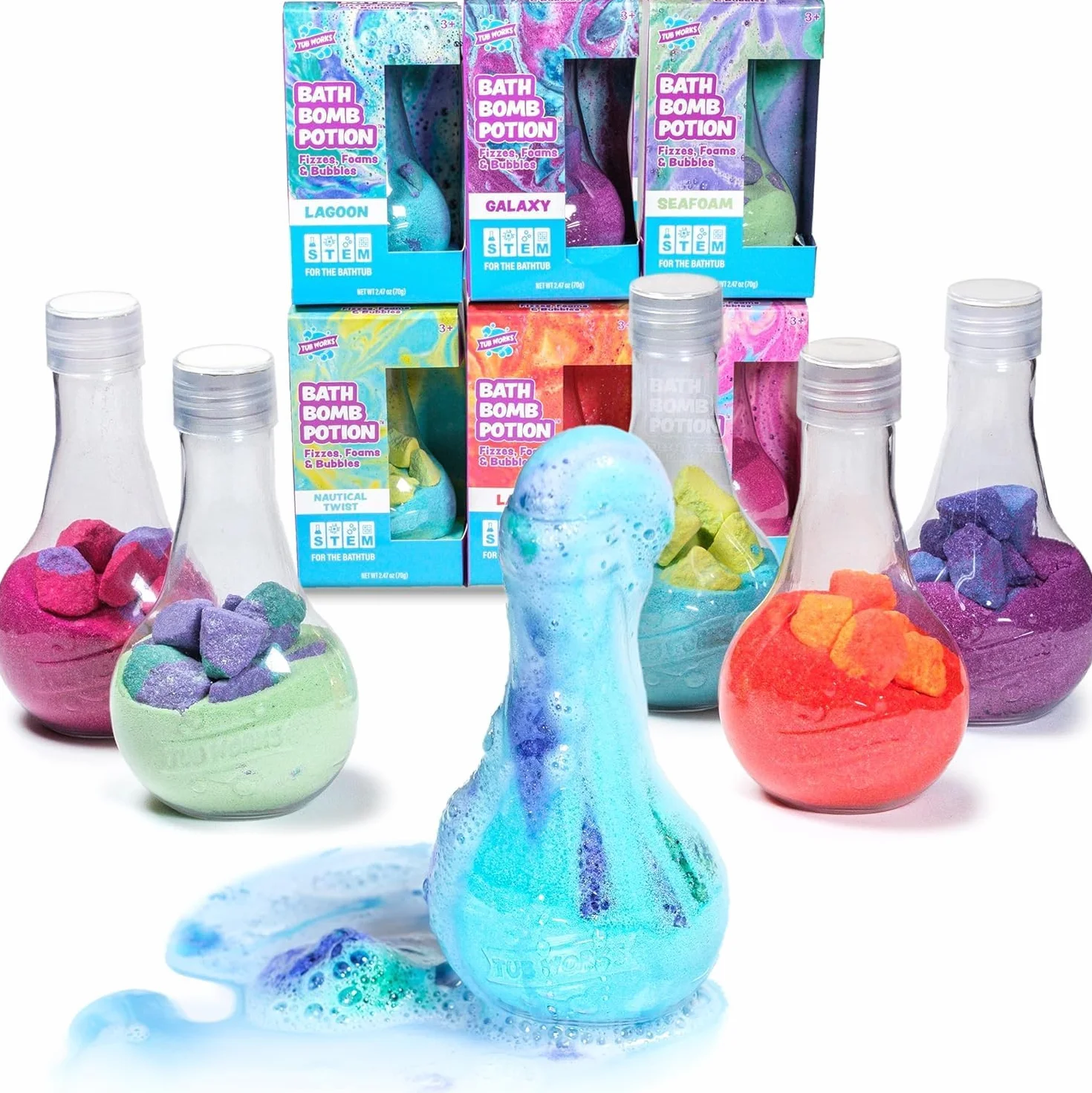 Tub Works® Kids Bath Bomb Potion Bath Toy, zestaw 6 sztuk | Nietoksyczne | Musują, pienią się i tworzą bąbelki, wybuchając feerią kolorów | Interaktywne kule do kąpieli