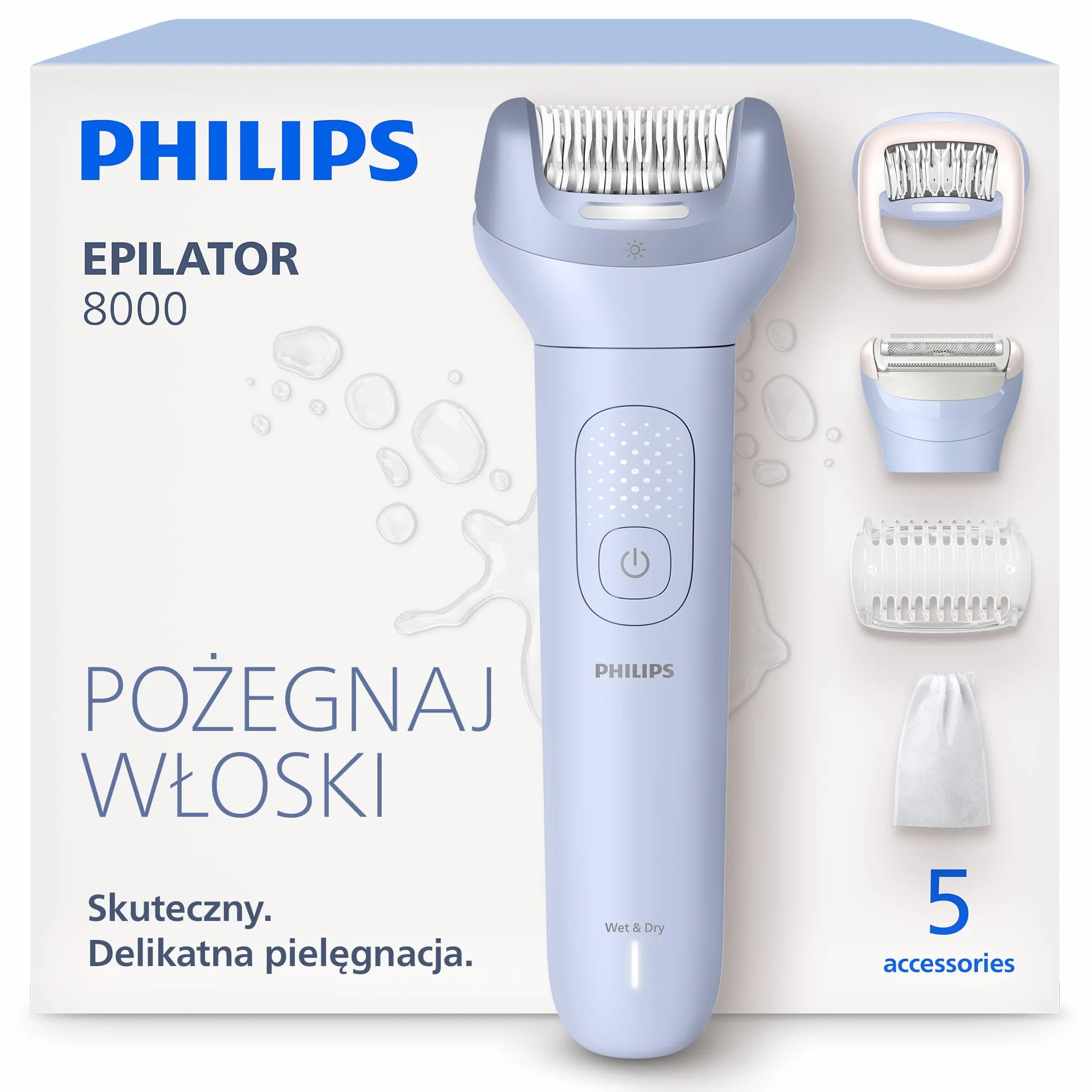 Philips Depilator z serii 8000 – bezprzewodowy depilator do użytku na mokro i na sucho, technologia ProGuide, 5 akcesoriów w zestawie, czas pracy do 60 minut, model BRE709/00