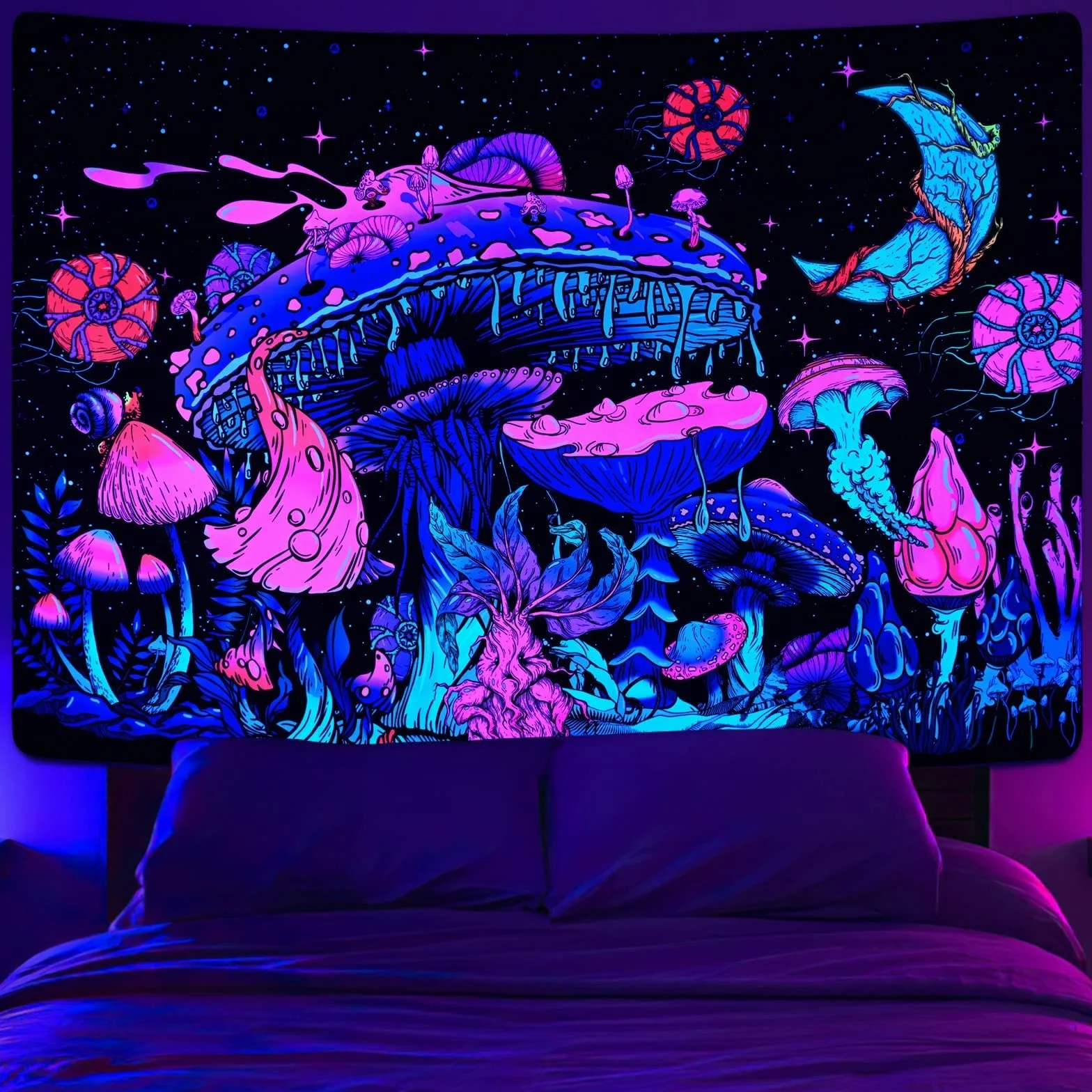 Yrendenge Gobelin z motywem grzyba, UV księżyc i gwiazdy, wiszące rośliny, gobeliny świecące w ciemności, gwiaździste nocne niebo, gobelin estetyczny, wiszący na ścianie do sypialni, 210 x 150 cm