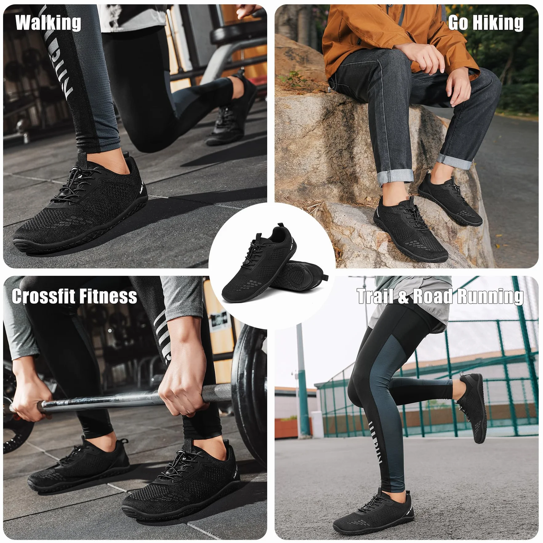 Geweo Buty Barefoot Męskie i Damskie Lekkie Wygodne Buty Sportowe Treningow z Szeroką Skrzynią na Palce Oddychające Buty do Biegania, do CrossFit i Fitness, Świeżym Powietrzu Sport Unisex Czarny 45EU
