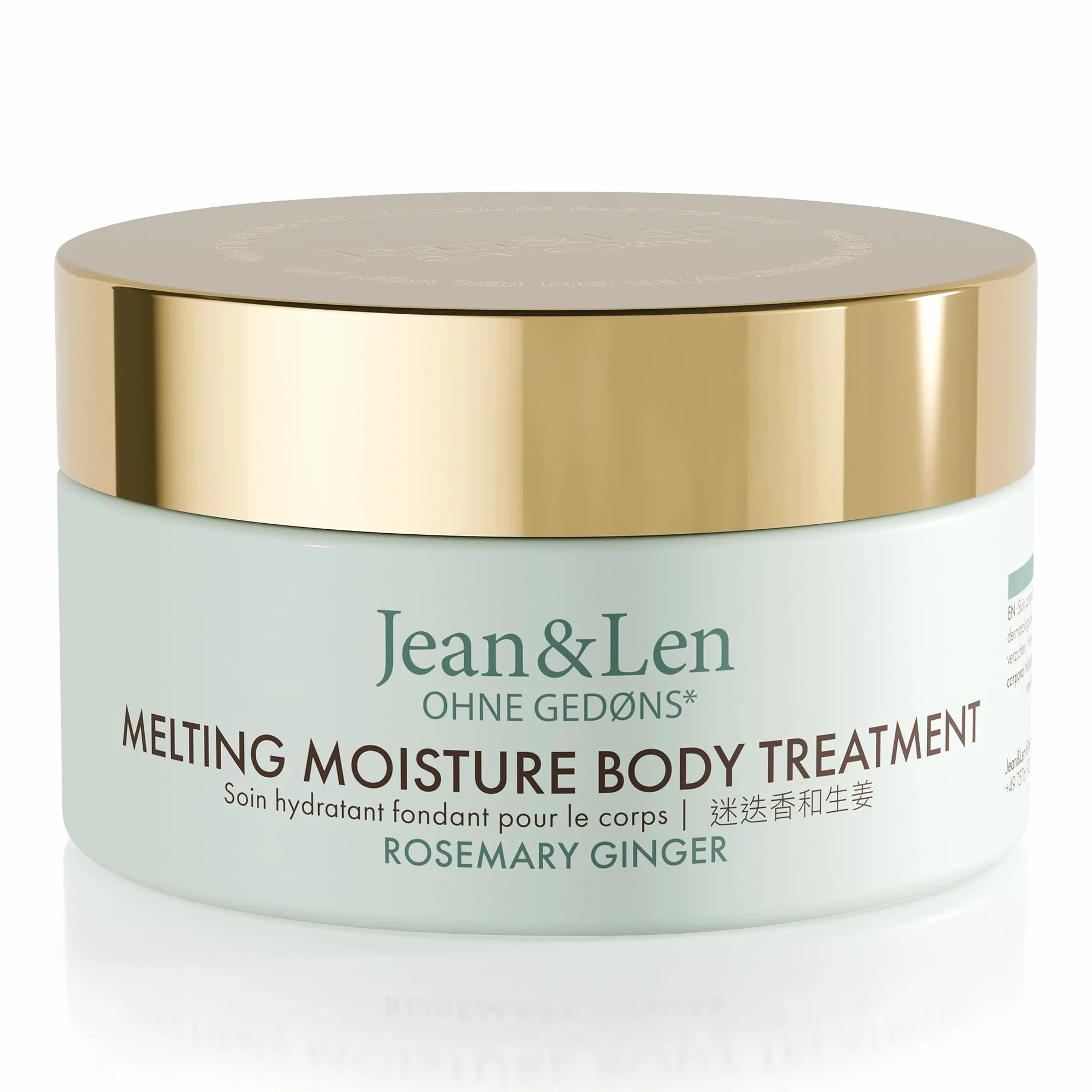 Jean & Len Melting Moisture Body Treatment Rosemary & Ginger, dla pachnących rezultatów pielęgnacji, do skóry normalnej, wysokiej jakości tygiel, pielęgnujące masło do ciała, bez parabenów i