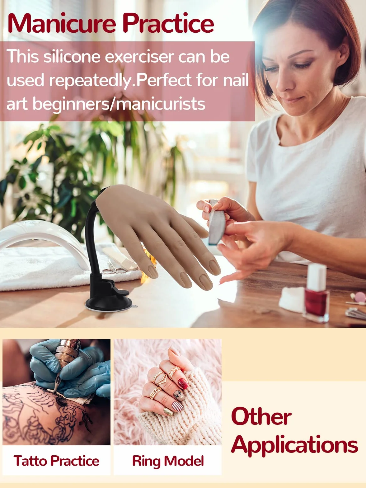 Silikonowa ręka do sztucznych paznokci, elastyczna kobieca ręka manekina ze stojakiem miękkie sztuczne ręce do treningu paznokci manicure z 100 szt. tipsów i profesjonalny pilnik do paznokci 3 szt.