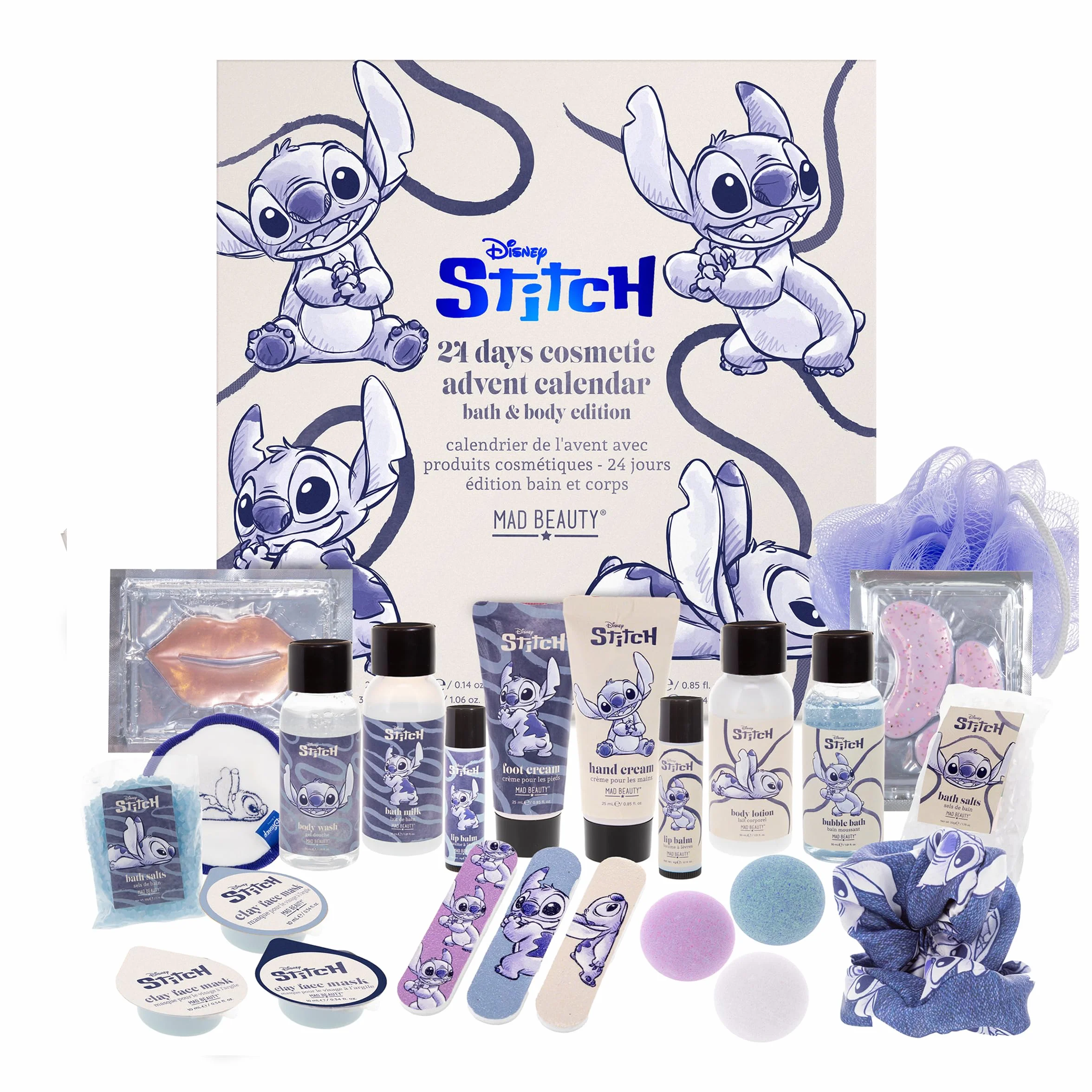MAD Beauty Disney STITCH kalendarz adwentowy z 24 produktami do makijażu i kosmetyków, wellness, kalendarz adwentowy dla kobiet, z maską na twarz, balsamem do ciała, gumką do włosów – kalendarz