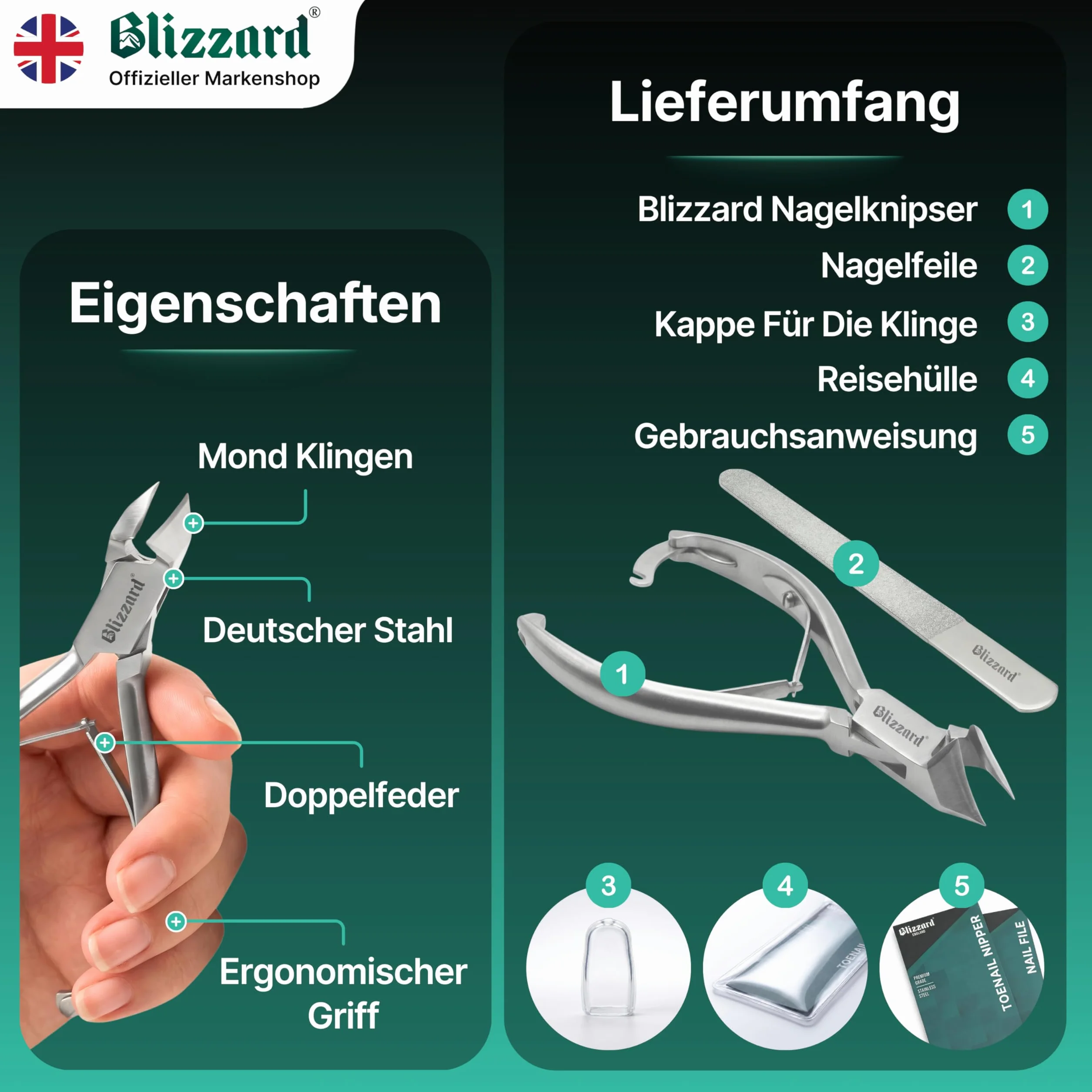 Obcinacze do Paznokci dla Mężczyzn z Grubymi lub Wrastającymi Paznokciami - Blizzard Cążek Wyrób Niemiecki - 14 cm, Duża Wytrzymałość - Ostrze Półksiężyc Gładkie Rączki - Klasa Szpitalna