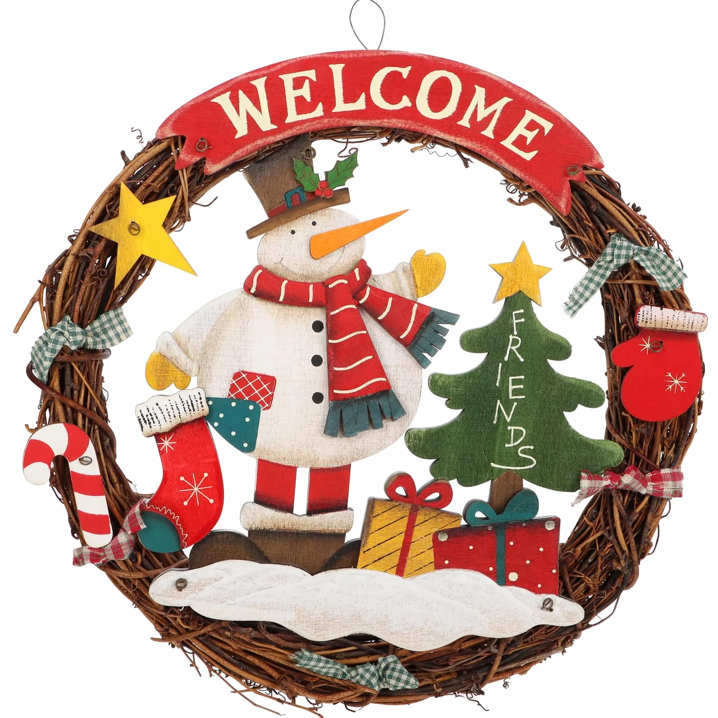 COM-FOUR® Wieniec Świąteczny Pleciony 'WELCOME' na Boże Narodzenie - Dekoracja do Powieszenia na Drzwi - Drewniany, ok. Ø 31 cm (Bałwan - L)