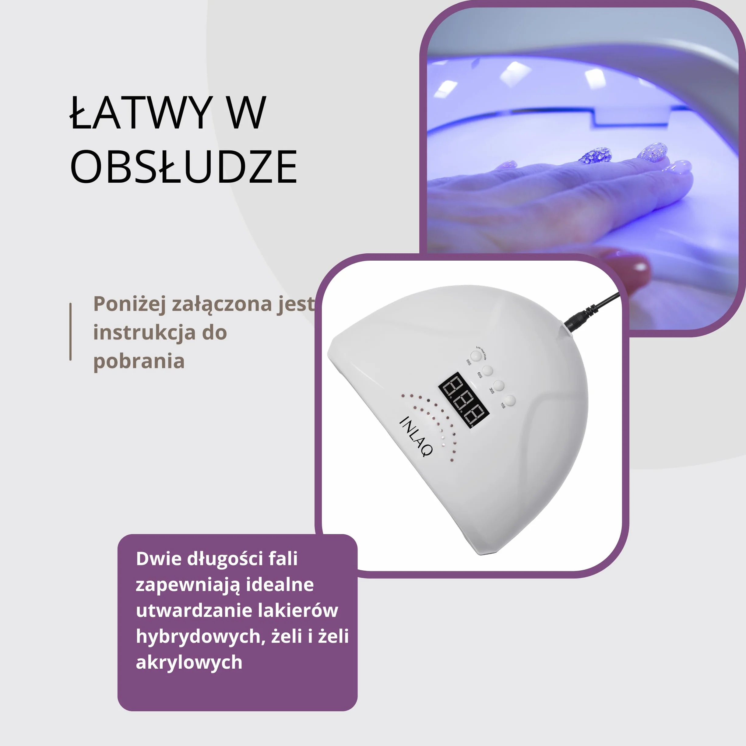 INLAQ lampa Dual UV/LED do paznokci hybrydowych 48 W biała wyświetlacz LCD trzy tryby