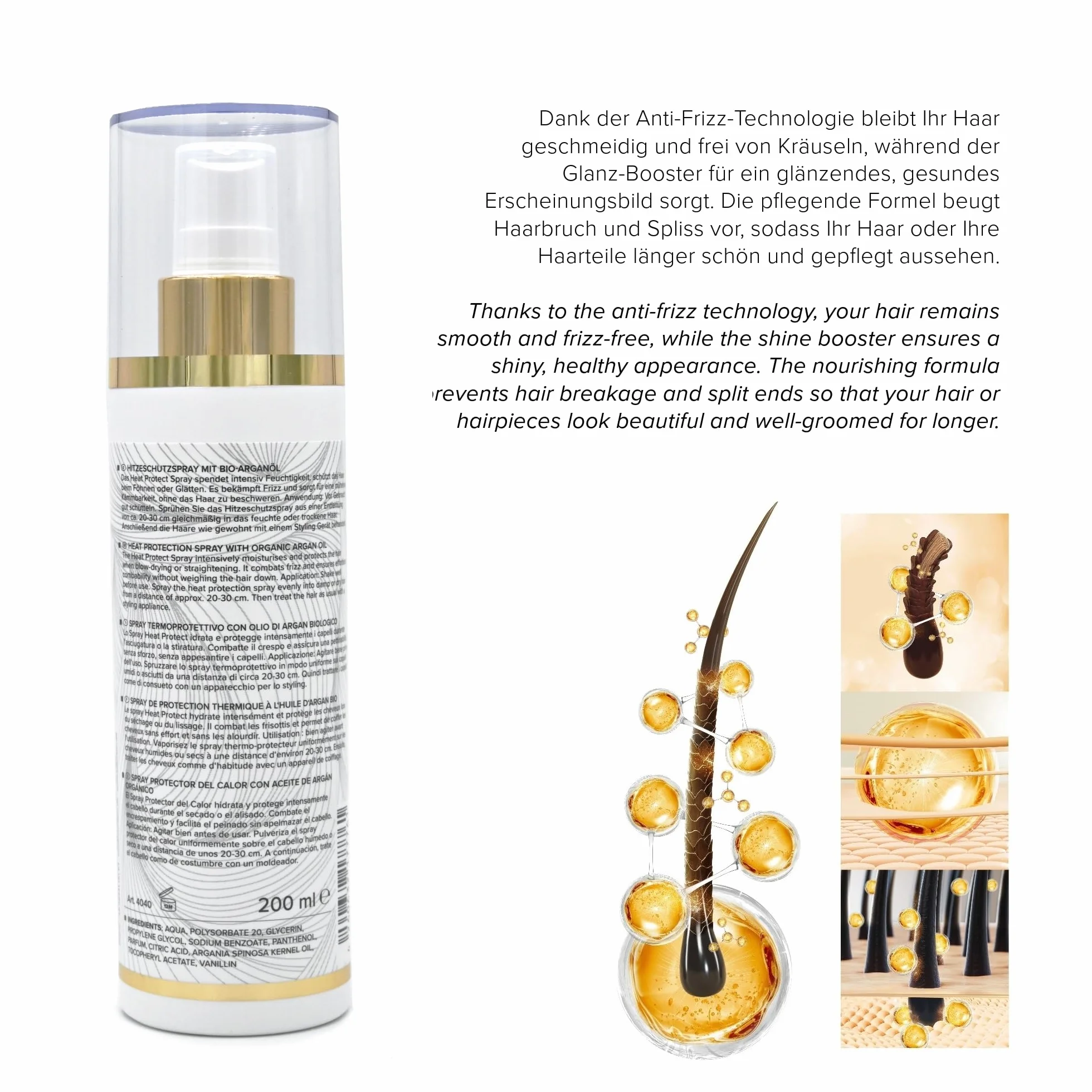 Heat Protect Spray 200 ml - Spray ochronny przed wysoką temperaturą z organicznym olejem arganowym do przedłużek, peruk, tresek i naturalnych włosów - Wyprodukowano w Niemczech