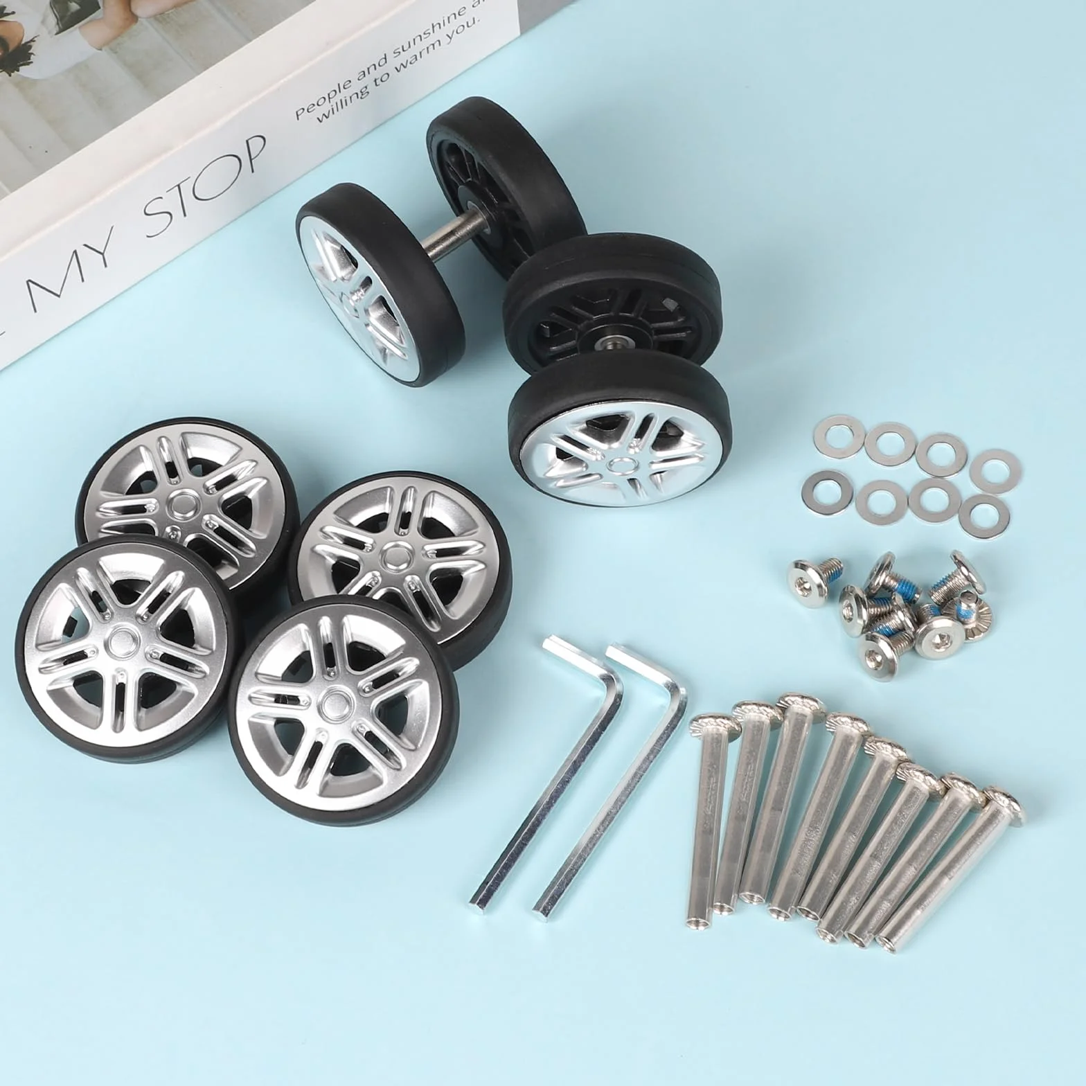 EXLECO 8 sztuk zapasowych kółek do walizki, 50 x 11 mm, kółka zapasowe do walizek, kółek, zapasowych, kółek, bagażu, gumowych kółek, walizek z częściami zamiennymi, zestaw naprawczy