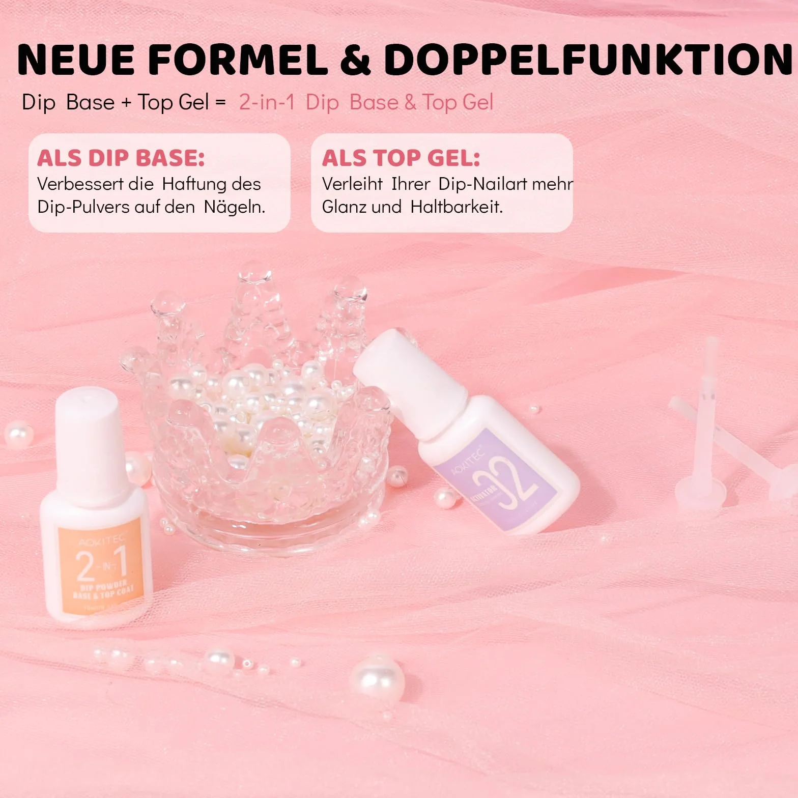 Aokitec Dipping Powder Nail Set – Różowy Błyszczący Proszek do Dipów z Bazą, Zestaw do Paznokci DIY