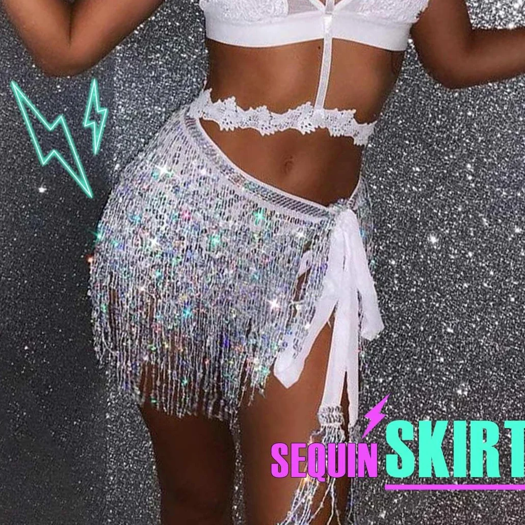Strój festiwalowy cekinowa spódnica z frędzlami kostium rave mini spódnice do tańca baletowego frędzle szalik biodrowy brokat cekinowa spódnica dla kobiet i dziewcząt