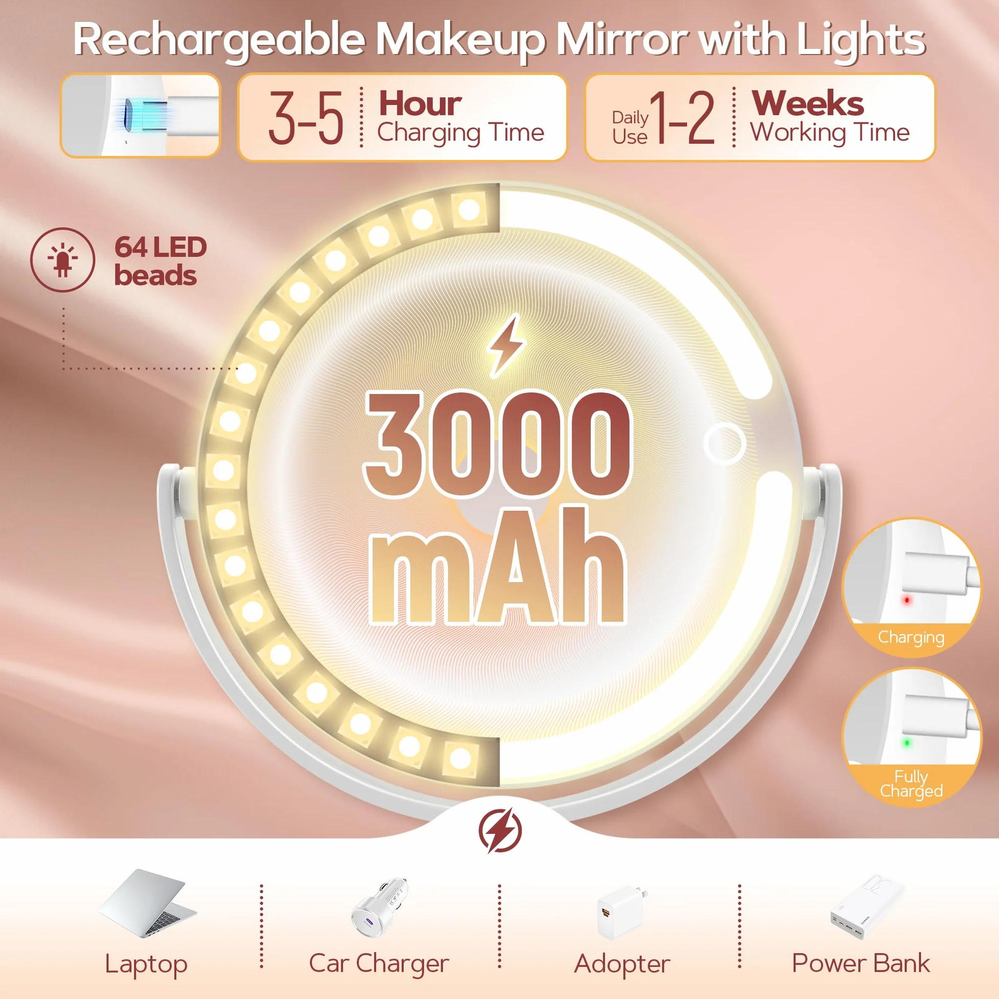 Beauty Planet Podświetlane lusterko do makijażu 20x powiększenie 3 kolory LED ściemniane regulacja wysokości