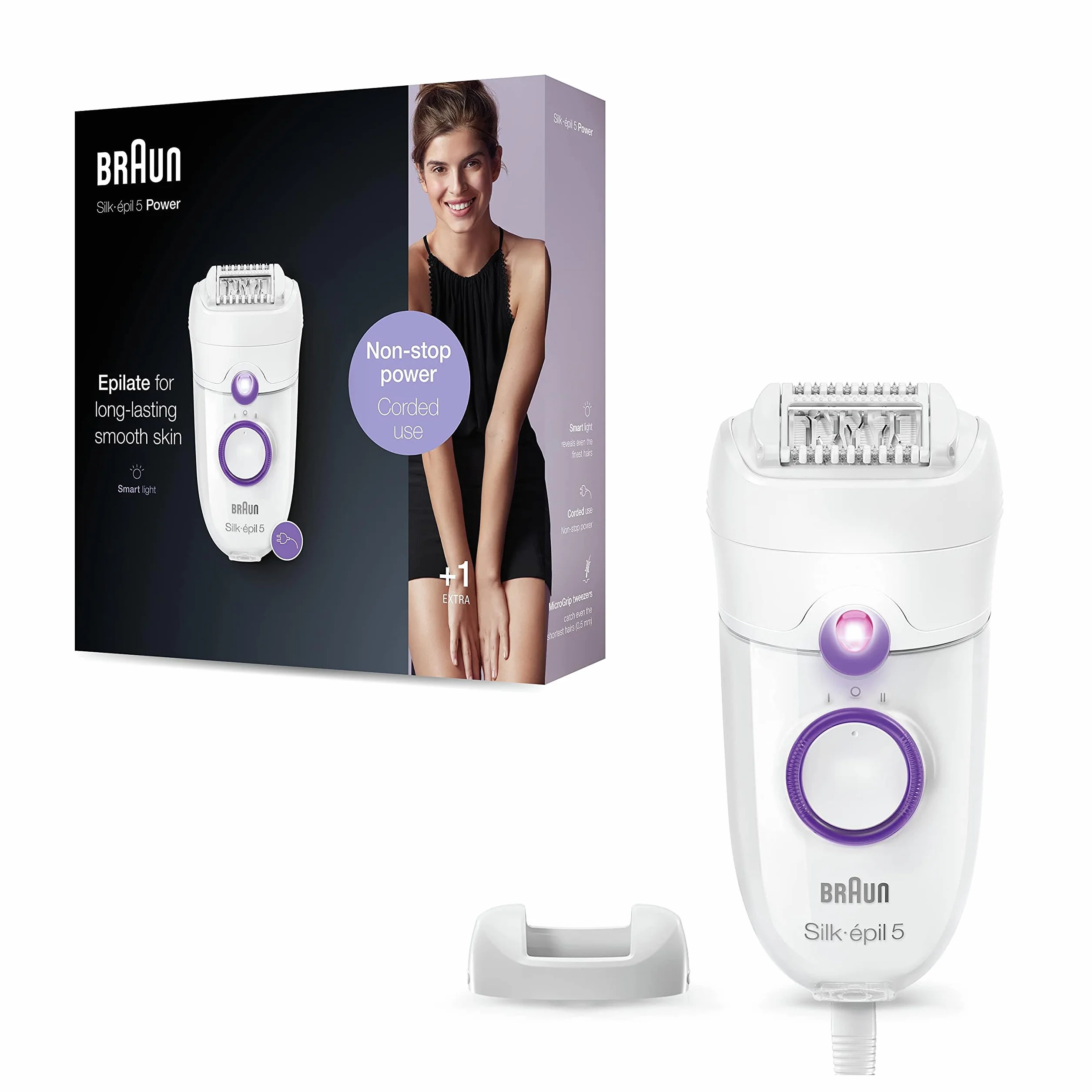 Braun Silk-épil 5, damski depilator, nadaje się do trudnych konturów, z regulacją prędkości, wygodne usuwanie włosów, pomysł na prezent, 5-505 biały i fioletowy